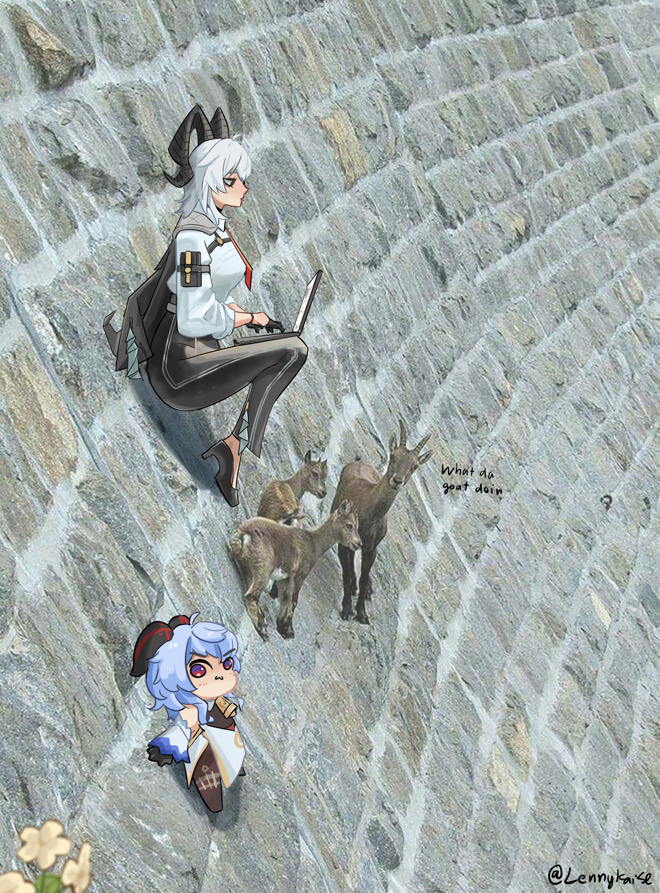 lennykaise, ganyu (genshin impact), zani (wuthering waves), genshin impact, wuthering waves, absurdres, commentary, english commentary, highres, 2girls, :3, animal, arm pouch, armband, bell, black gloves, black pants, black shoes, blue hair, bodystocking, chest harness, chibi, choker, climbing, closed eyes, closed mouth, collared shirt, computer, cowbell, crossover, day, detached sleeves, english text, flower, full body, gloves, goat, grey hair, half gloves, harness, high-waist pants, high heels, horns, jacket, jacket on shoulders, laptop, long hair, long sleeves, looking at object, multiple girls, neck bell, necktie, outdoors, pants, photo background, qingxin flower, red eyes, red necktie, shirt, shirt tucked in, shoes, sitting, trait connection, typing, v-shaped eyebrows, white shirt, wing collar