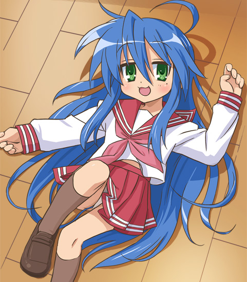 haruyama kazunori, izumi konata, lucky star, 00s, 1girl, :3, ahoge, blue hair, female focus, green eyes, long hair, lying, midriff, mole, mole under eye, on back, panties, pleated skirt, school uniform, serafuku, skirt, smile, solo, underwear, very long hair