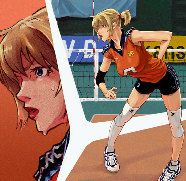 st-retcher, 1girl, blonde hair, breasts, clothes writing, gym uniform, large breasts, lips, short hair, sleeveless, sportswear, sweat, tennis