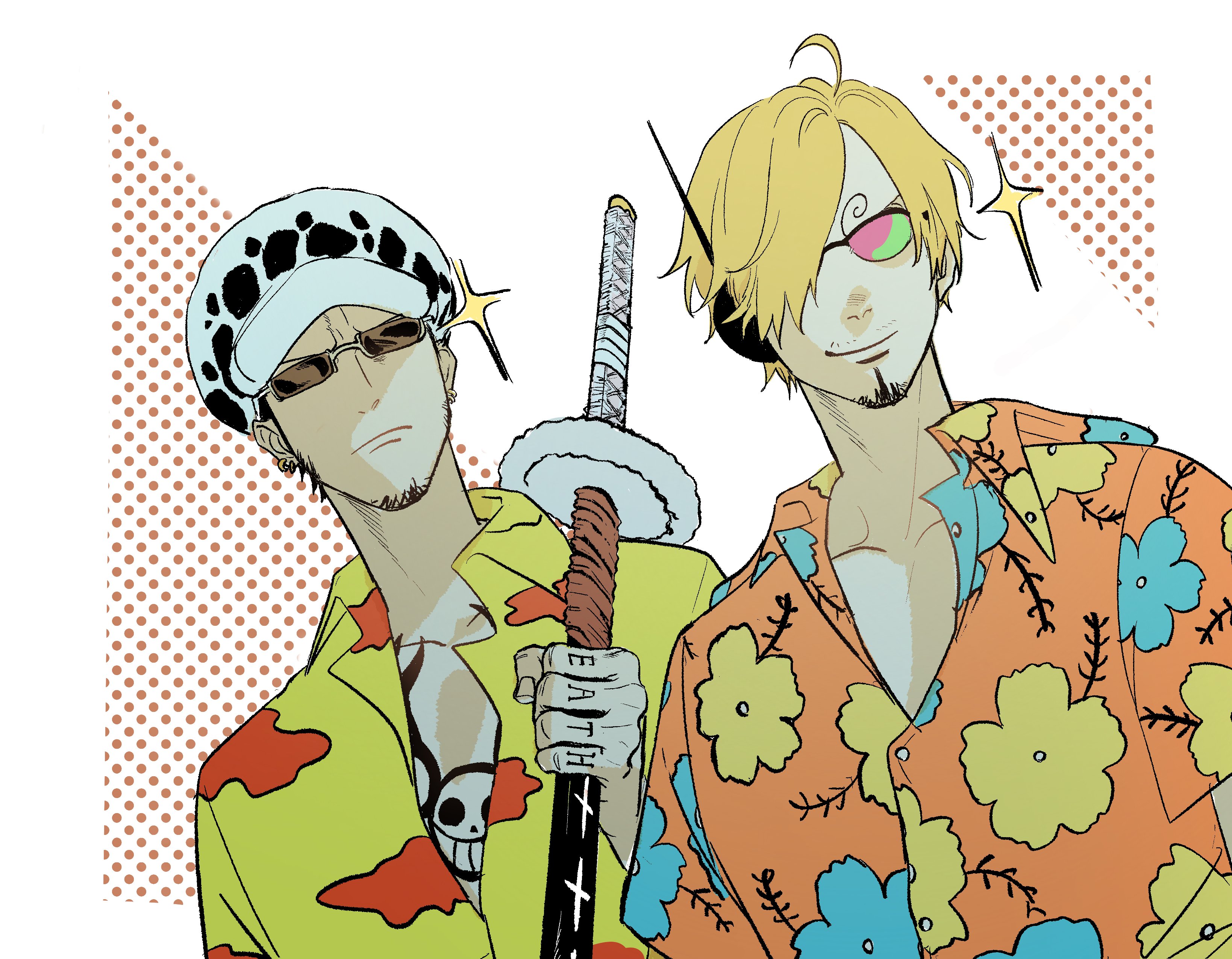 sanji (one piece), trafalgar law, one piece, one piece film: red, absurdres, commentary request, highres, 2boys, 8 hakidame, blonde hair, chest tattoo, collared shirt, dutch angle, earrings, facial hair, goatee, hair over one eye, hand tattoo, hat, jewelry, male focus, multiple boys, shirt, short hair, sideburns, smile, sparkle, sunglasses, tattoo, upper body