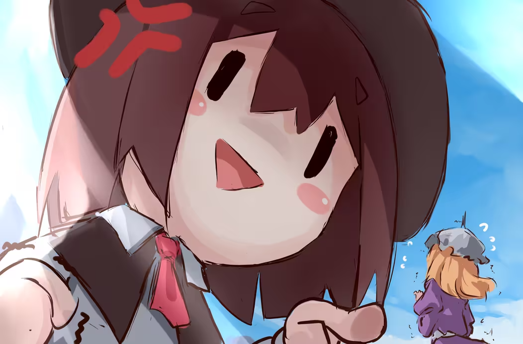 t-hou, maribel hearn, usami renko, touhou, 2girls, anger vein, angry, blonde hair, blush, brown hair, capelet, clenched hand, dress, fedora, hat, mob cap, multiple girls, necktie, pointing, pointing at another, purple dress, scared, shirt, spoken anger vein, spoken sweatdrop, sweatdrop, white shirt