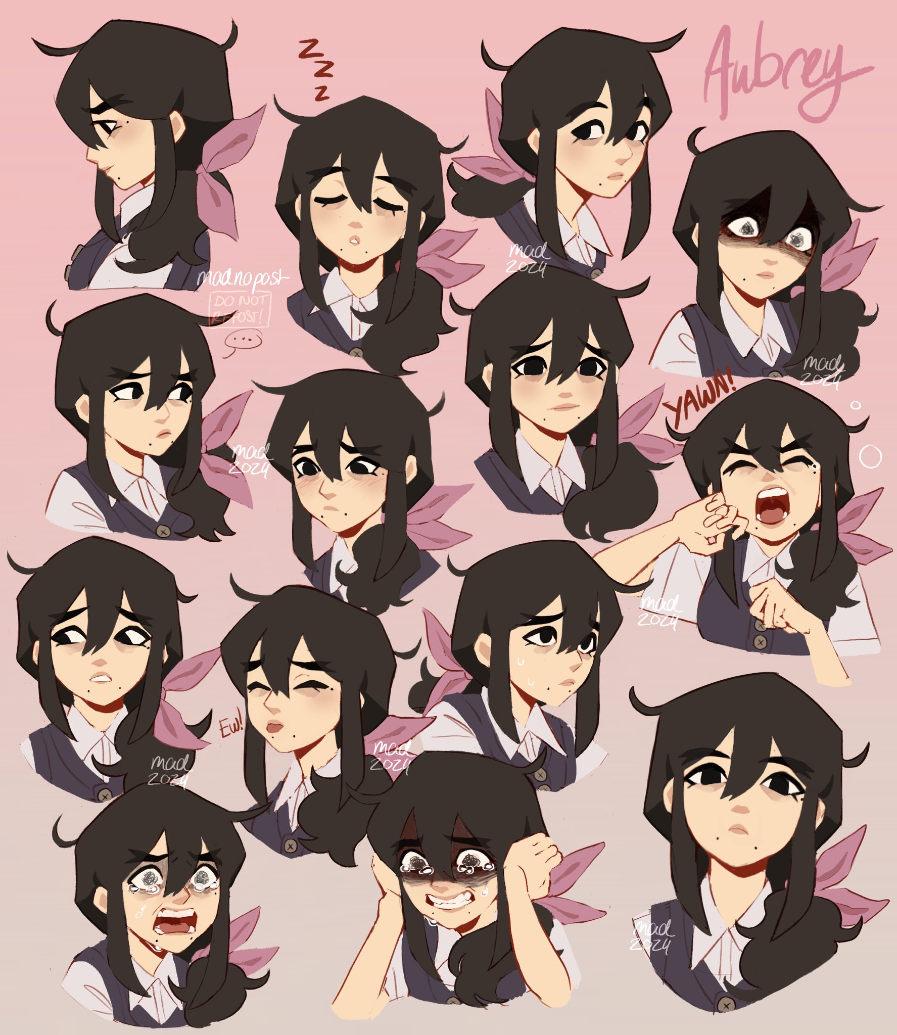madnopost, aubrey (faraway) (omori), aubrey (omori), omori, highres, …, 1girl, 2024, @ @, alternate costume, alternate hairstyle, alternate universe, artist name, black eyes, black hair, black sweater vest, character name, clenched teeth, closed eyes, closed mouth, collared shirt, crying, crying with eyes open, double-parted bangs, hair ribbon, looking at viewer, low ponytail, mole, mole under eye, mole under mouth, multiple expressions, parted lips, pink background, pink ribbon, ponytail, ribbon, shaded face, shirt, short sleeves, simple background, solo, speech bubble, spoken ellipsis, sweat, sweater vest, tears, teeth, tongue, tongue out, white shirt