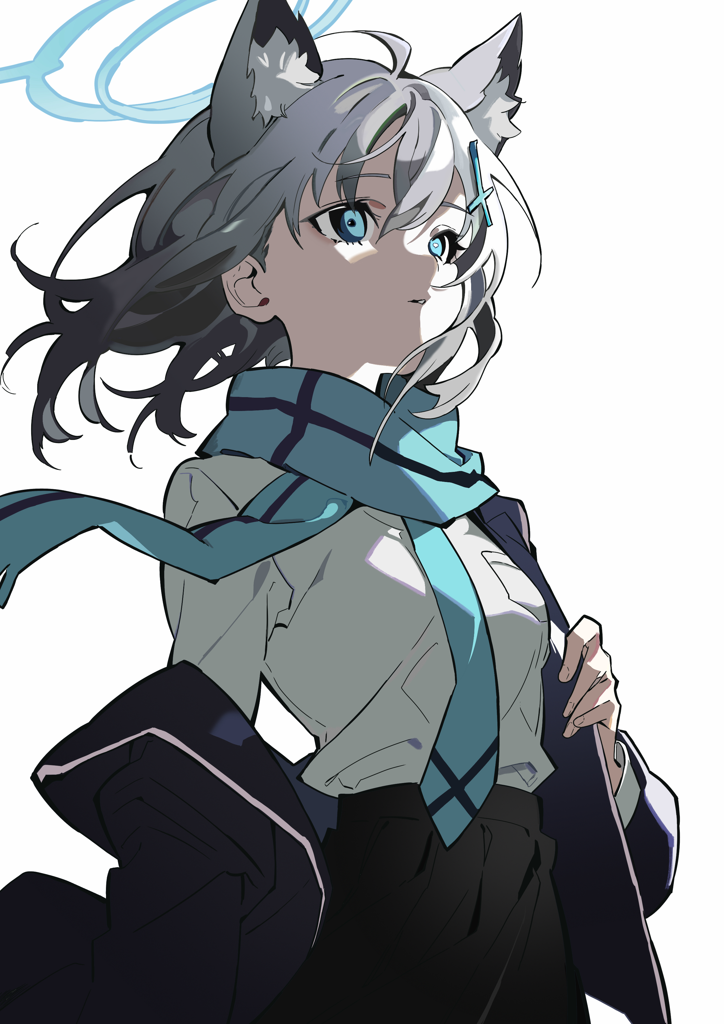 hatsutahaku, shiroko (blue archive), blue archive, absurdres, highres, 1girl, animal ears, black skirt, blue eyes, blue halo, blue jacket, blue necktie, blue scarf, breast pocket, cross, cross hair ornament, extra ears, floating hair, grey hair, hair ornament, halo, inverted cross, jacket, long hair, long sleeves, mismatched pupils, necktie, open clothes, open jacket, pocket, scarf, school uniform, shirt, simple background, skirt, solo, standing, white background, white shirt, wolf ears