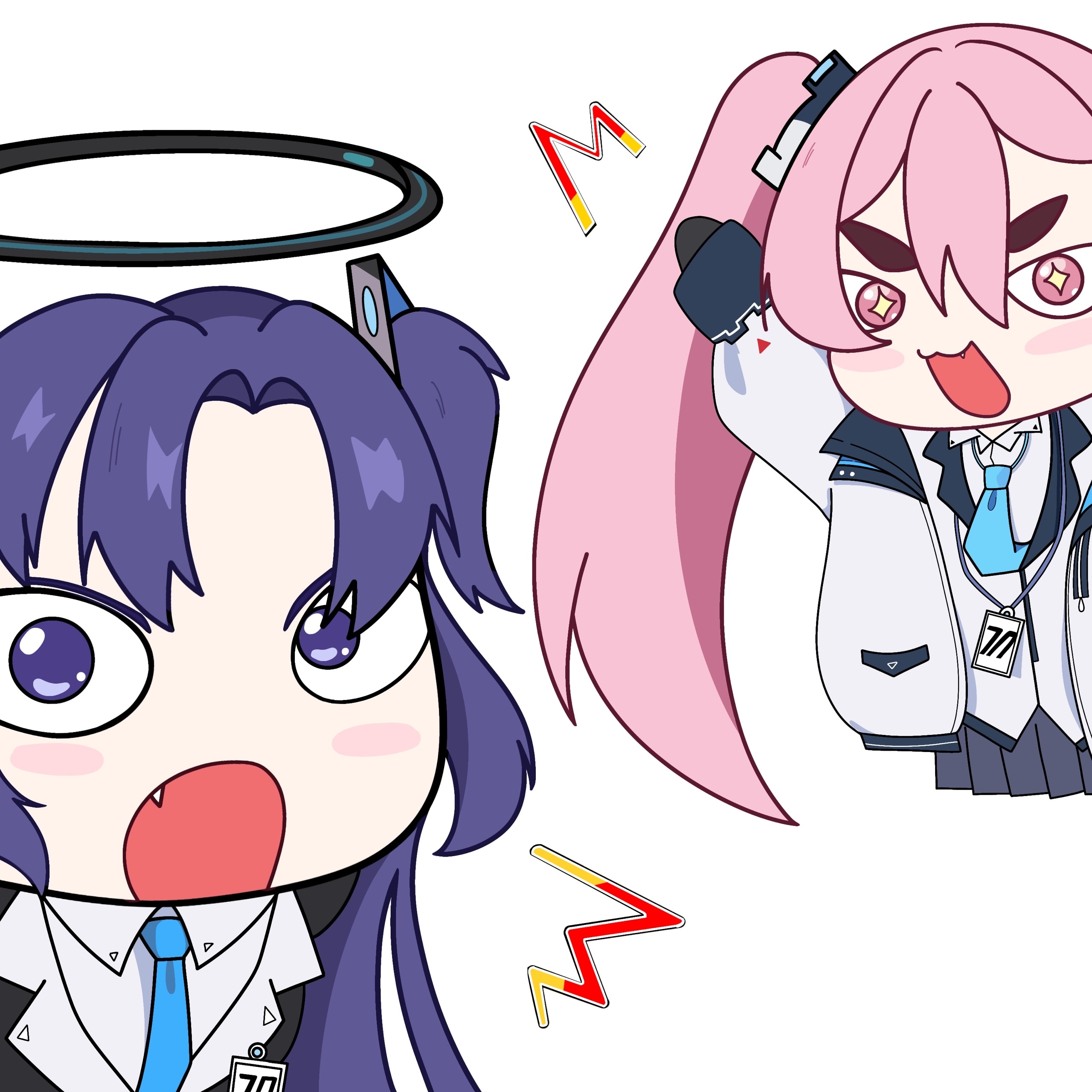 koyuki (blue archive), yuuka (blue archive), blue archive, absurdres, highres, non-web source, halo, millennium science school logo, open mouth, pointing, sparkling eyes