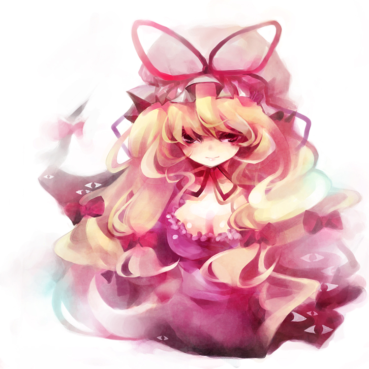 shimeko, yakumo yukari, touhou, 1girl, breasts, cleavage, closed eyes, collarbone, dress, evil smile, female focus, frills, hat, long sleeves, looking at viewer, mob cap, purple dress, shaded face, shimeshime, simple background, smile, solo, white background