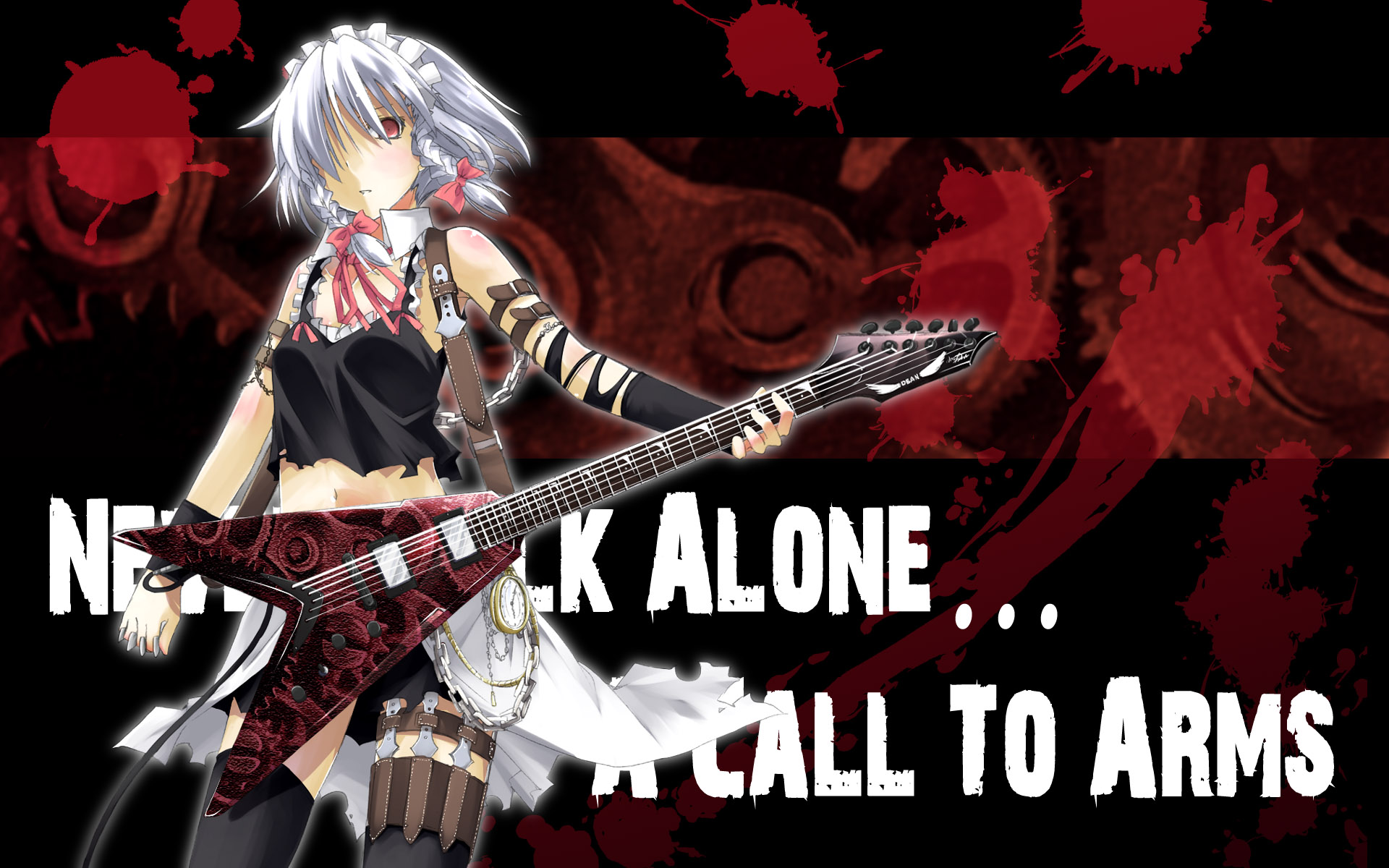 yuuki eishi, izayoi sakuya, megadeth, touhou, highres, 1girl, braid, female focus, guitar, instrument, lyrics, navel, red eyes, short hair, solo, thighhighs, twin braids, white hair