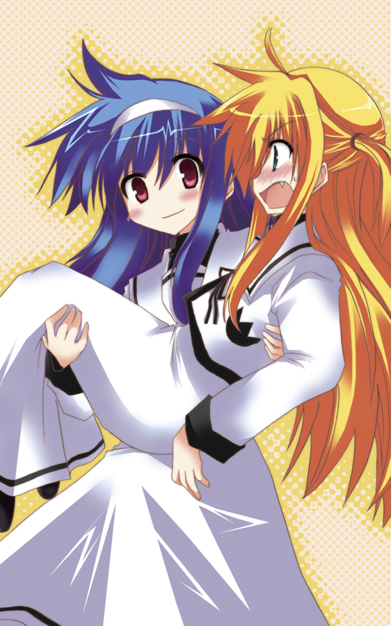akane souichi, arisa bunnings, tsukimura suzuka, lyrical nanoha, mahou shoujo lyrical nanoha, bad id, bad pixiv id, 00s, blush, carrying, princess carry, school uniform, serafuku