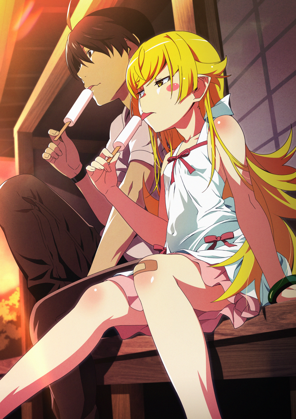 gesugesu ahoaho, araragi koyomi, oshino shinobu, monogatari (series), highres, 1boy, 1girl, ahoge, black hair, black pants, blonde hair, dress, food, holding, holding food, holding popsicle, licking, long hair, pants, popsicle, short hair, very long hair, white dress