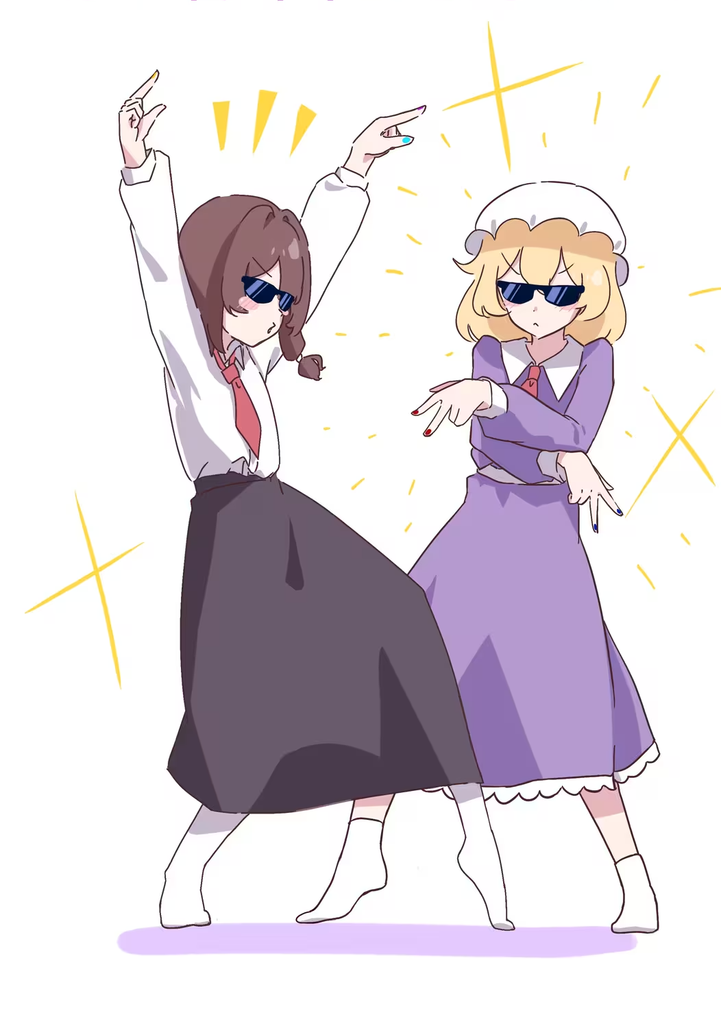 t-hou, maribel hearn, usami renko, touhou, cropped, highres, 2girls, black skirt, blonde hair, brown hair, crossed arms, dancing, dress, hands up, hat, mob cap, multiple girls, nail polish, necktie, purple dress, shirt, skirt, socks, spoken sparkle, sunglasses, tiptoes, white background, white shirt