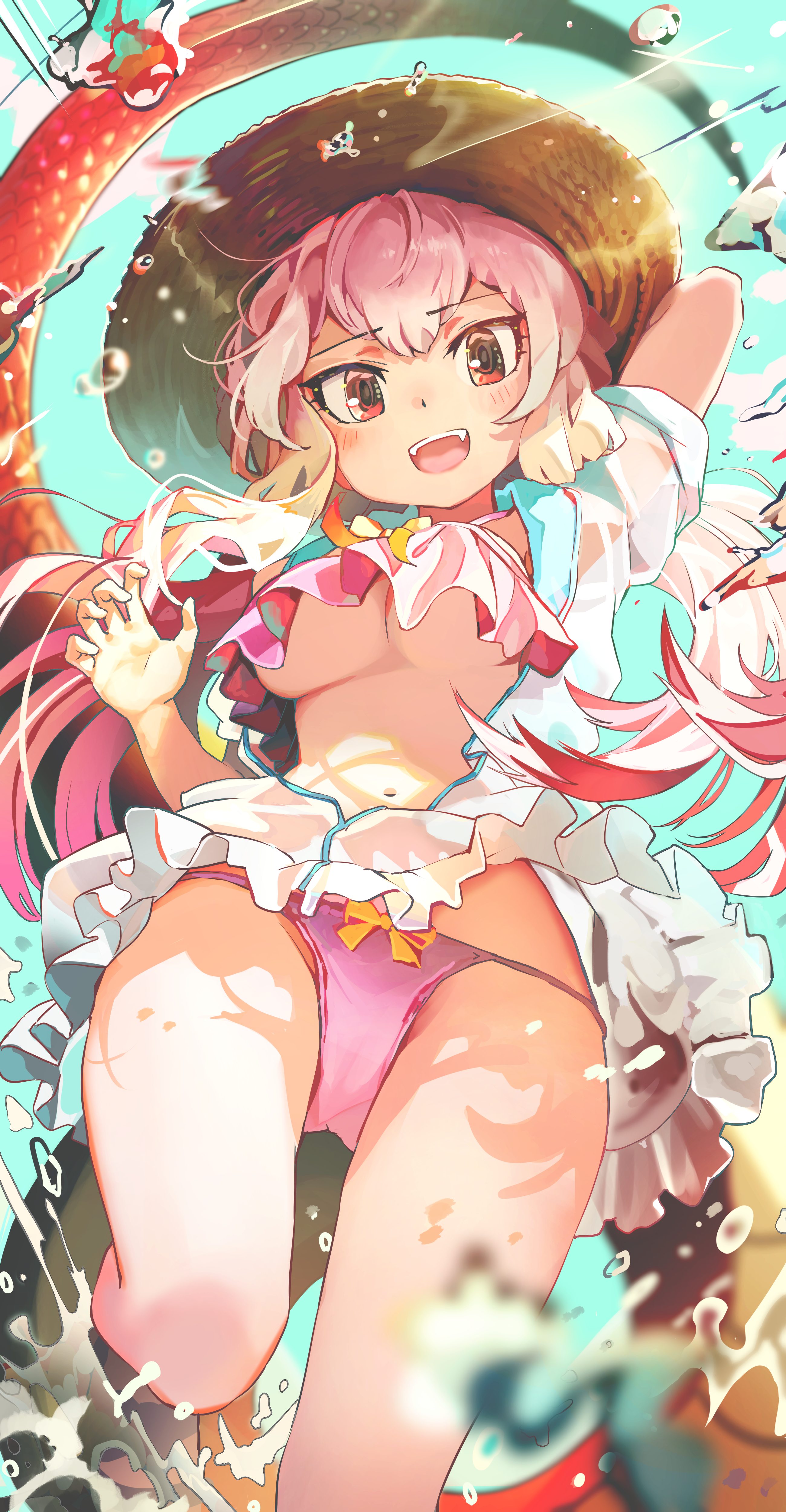 melaton, taipan (kemono friends), kemono friends, absurdres, commentary, highres, 1girl, :d, arm up, bare arms, bare legs, blush, breasts, fangs, hand on headwear, hat, long hair, looking at viewer, low twintails, navel, open clothes, open mouth, pink hair, red eyes, smile, snake tail, solo, sun hat, tail, teeth, twintails, underboob, upper teeth only, water, water drop