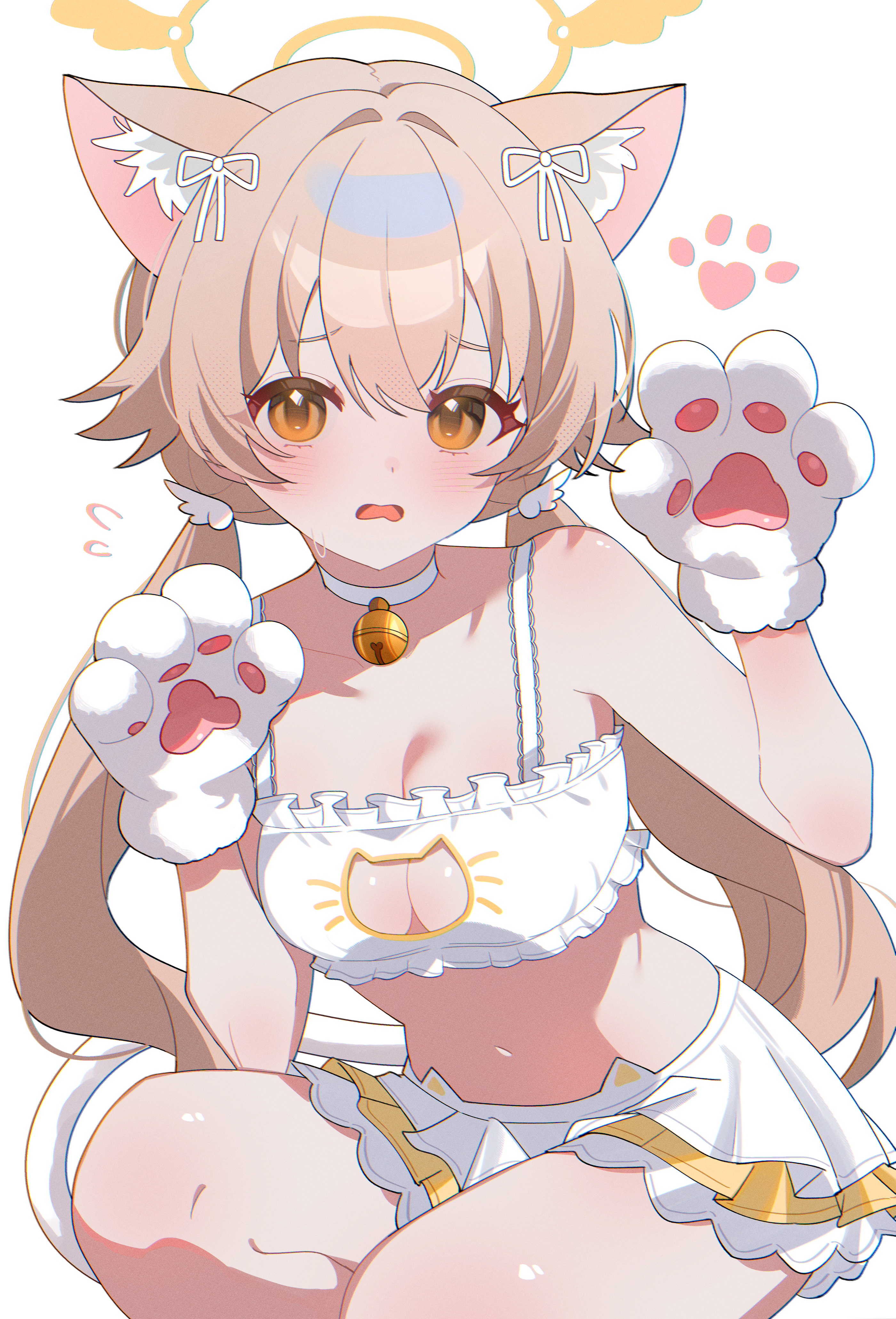 shusuchii, hifumi (blue archive), blue archive, absurdres, highres, 1girl, animal ears, animal hands, armpits, breasts, brown eyes, brown hair, cat cutout, cat ears, choker, cleavage, clothing cutout, fake animal ears, gloves, halo, looking at viewer, low twintails, medium breasts, paw gloves, twintails, white choker, yellow halo