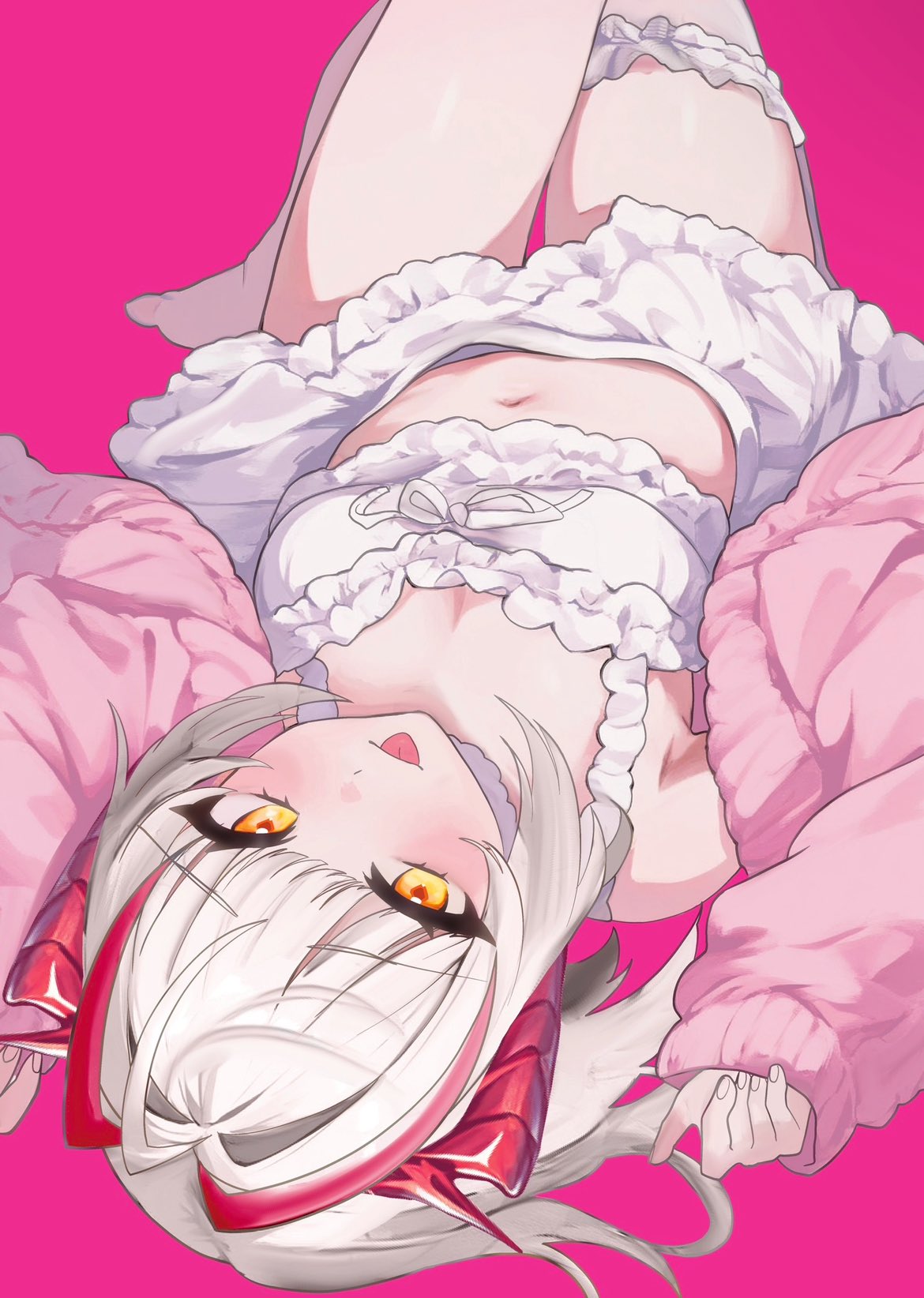 amamori (o0 iwi), w (arknights), arknights, highres, 1girl, :p, antenna hair, antennae, arms up, blush, breasts, camisole, downblouse, eyelashes, frilled camisole, frilled shirt, frilled thigh strap, frills, grey hair, horns, looking at viewer, navel, over-kneehighs, pink background, pink sweater, red horns, shirt, short hair, simple background, single off shoulder, small breasts, solo, stomach, sweater, thigh strap, thighhighs, thighs, tongue, tongue out, white camisole, white shirt, white thighhighs, yellow eyes