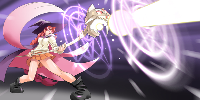 takashi moritaka, mike (arcana heart), yasuzumi yoriko, aq interactive, arcana heart, atlus, examu, 1girl, boots, braid, brooch, cape, fangs, fighting stance, glasses, glowing, hat, horns, jewelry, legs, long hair, magic, magic circle, misono gakuen school uniform, open mouth, orange skirt, pentacle, pentagram, pleated skirt, red eyes, red hair, school uniform, single braid, skirt, skull, staff, sweater, teeth, third eye, very long hair, witch, witch hat