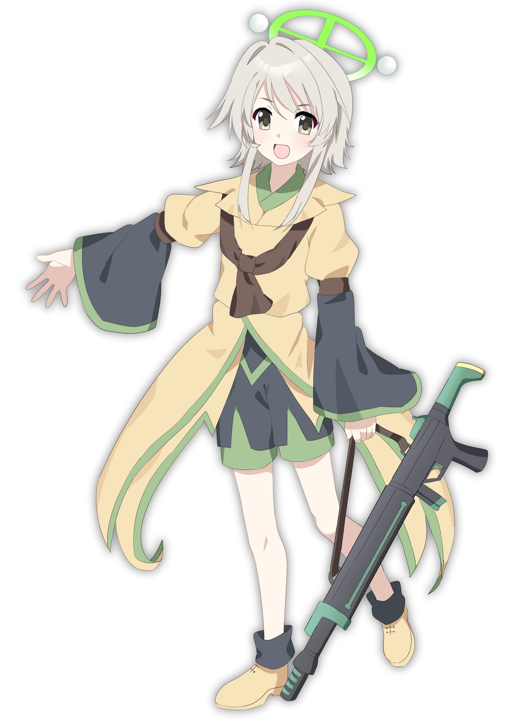 kurokoge karubi, houlen yabusame, blue archive, len'en, absurdres, commentary request, highres, 1other, androgynous, anime coloring, ascot, assault rifle, bare legs, black kimono, black outline, black shorts, black socks, boots, brown ascot, brown boots, brown coat, coat, coattails, collared coat, crosshair, dot nose, faux retro artstyle, full body, green halo, grey eyes, grey hair, gun, halo, happy, holding, holding gun, holding weapon, japanese clothes, jinbei (clothes), kimono, knees, lapels, layered sleeves, light blush, long sleeves, looking at viewer, notched lapels, open mouth, other focus, outline, outstretched arm, parody, puffy short sleeves, puffy sleeves, rifle, short hair with long locks, short kimono, short over long sleeves, short sleeves, shorts, sidelocks, simple background, smile, socks, solo, swept bangs, tachi-e, tareme, weapon, white background