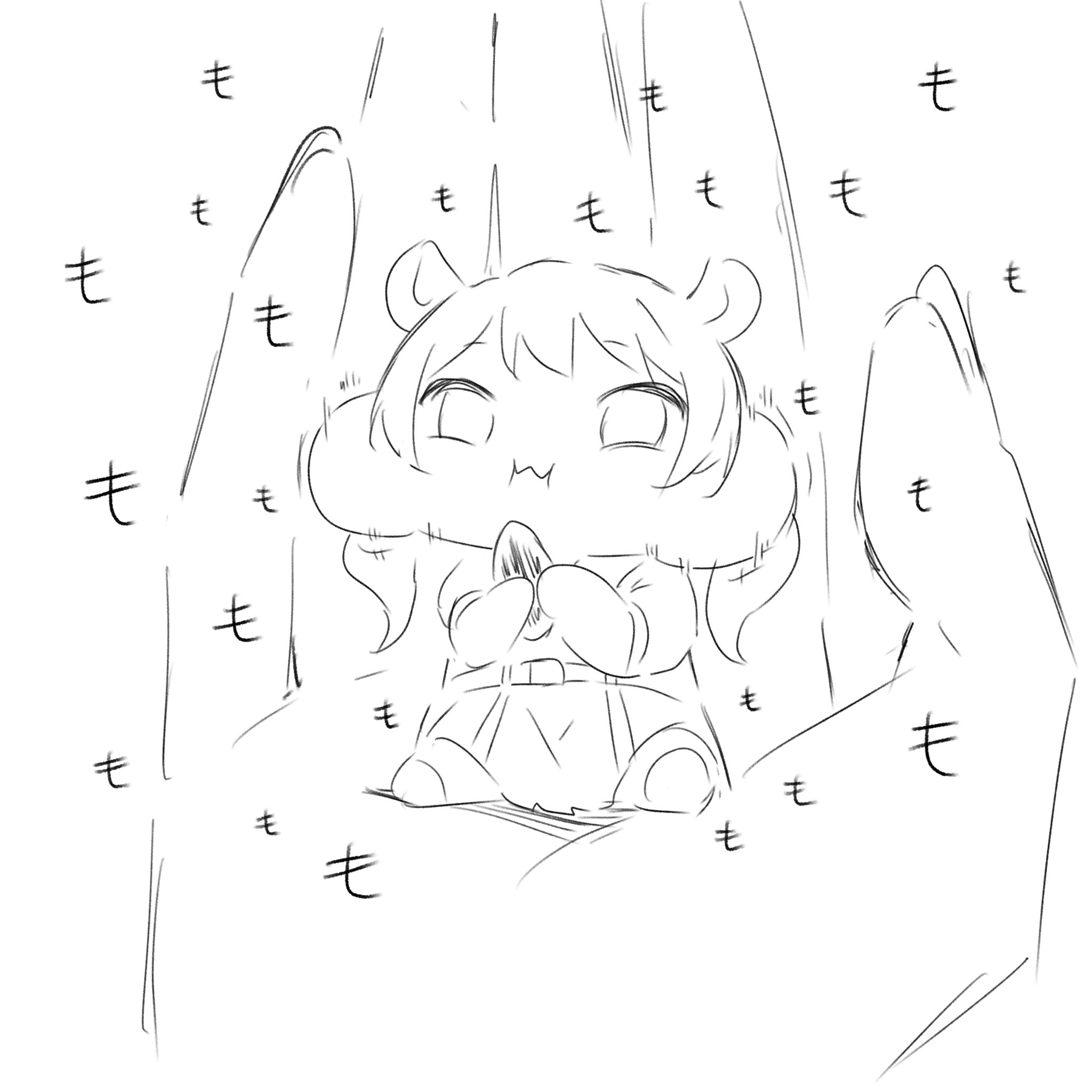 kanade (kanade 3344), futaba tsukushi, bang dream!, highres, 2girls, animal ears, cheek bulge, eating, greyscale, hamster ears, hamster girl, mini person, monochrome, multiple girls, sitting, solo focus, twintails
