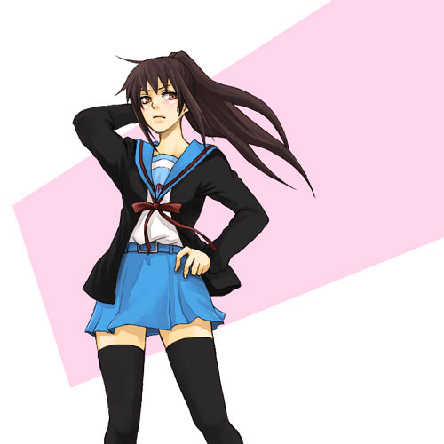 kona (kona kona), kyonko, suzumiya haruhi no yuuutsu, lowres, 00s, 1girl, female focus, genderswap, genderswap (mtf), ponytail, school uniform, serafuku, solo, thighhighs, zettai ryouiki