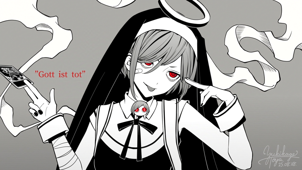 fukurai azami, kamippoina (vocaloid), toshi densetsu kaitai center, derivative work, spoilers, 1girl, bags under eyes, bandaid, bandaid on face, between fingers, card, card between fingers, character doll, closed mouth, doll, finger gun, finger gun to head, fingers to head, grey background, hair between eyes, halo, hands up, holding, holding card, kiri (fog kai), kisaragi ayumi, looking at viewer, lyrics, monochrome, nail polish, nun, parody, red eyes, short hair, smile, solo, spot color, tongue, tongue out, upper body