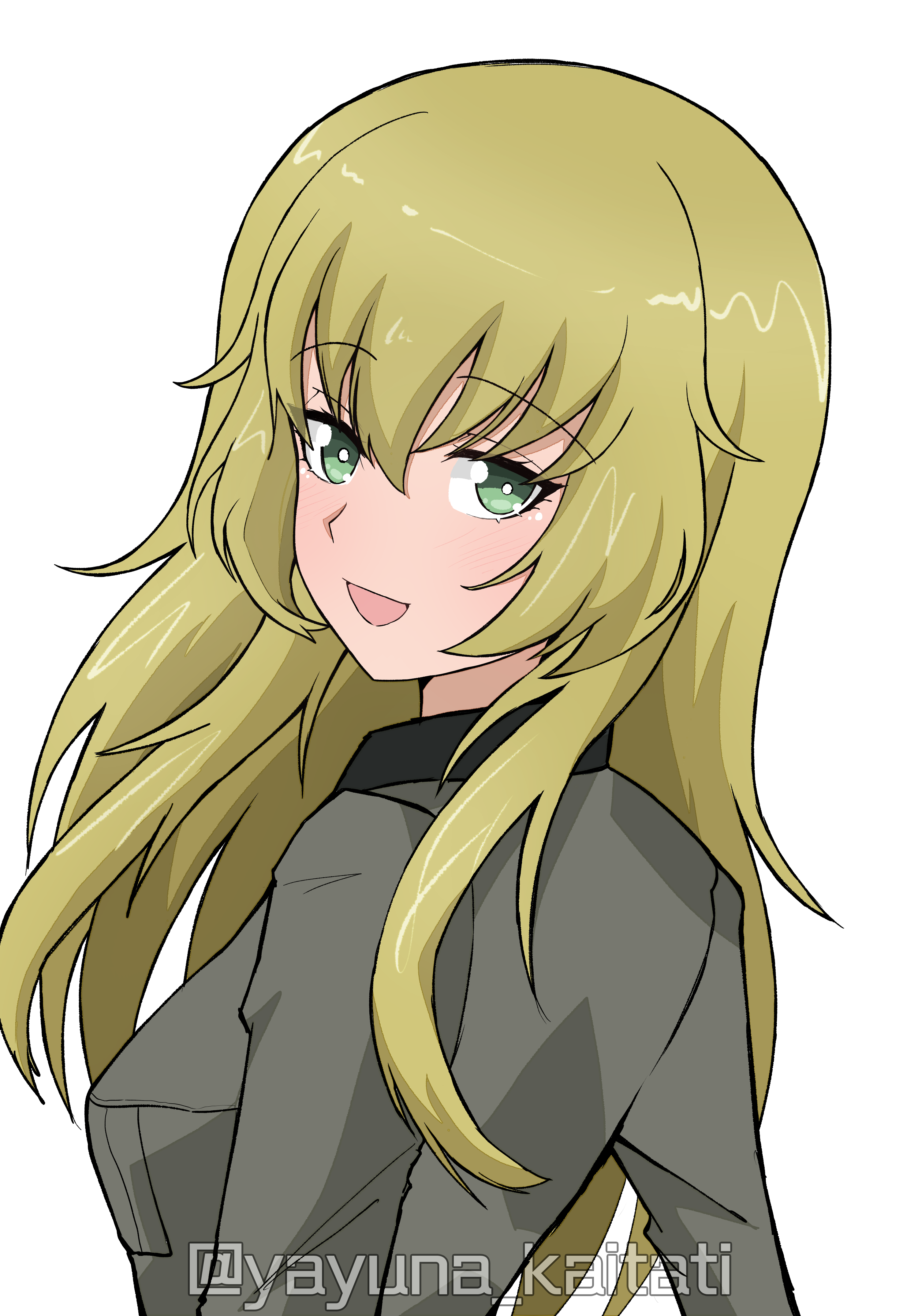 yayuna kaitati, carpaccio (girls und panzer), girls und panzer, absurdres, highres, translation request, 1girl, anzio military uniform, belt, black belt, black shirt, blonde hair, dress shirt, from behind, green eyes, grey jacket, jacket, long hair, long sleeves, looking at viewer, looking back, military, military uniform, open mouth, pixiv username, shirt, simple background, solo, twitter username, white background