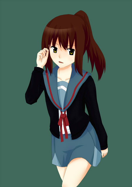roas, kyonko, suzumiya haruhi no yuuutsu, bad id, bad pixiv id, gender request, 00s, 1girl, brown hair, female focus, genderswap, green background, open mouth, ponytail, school uniform, serafuku, skirt, solo, yellow eyes