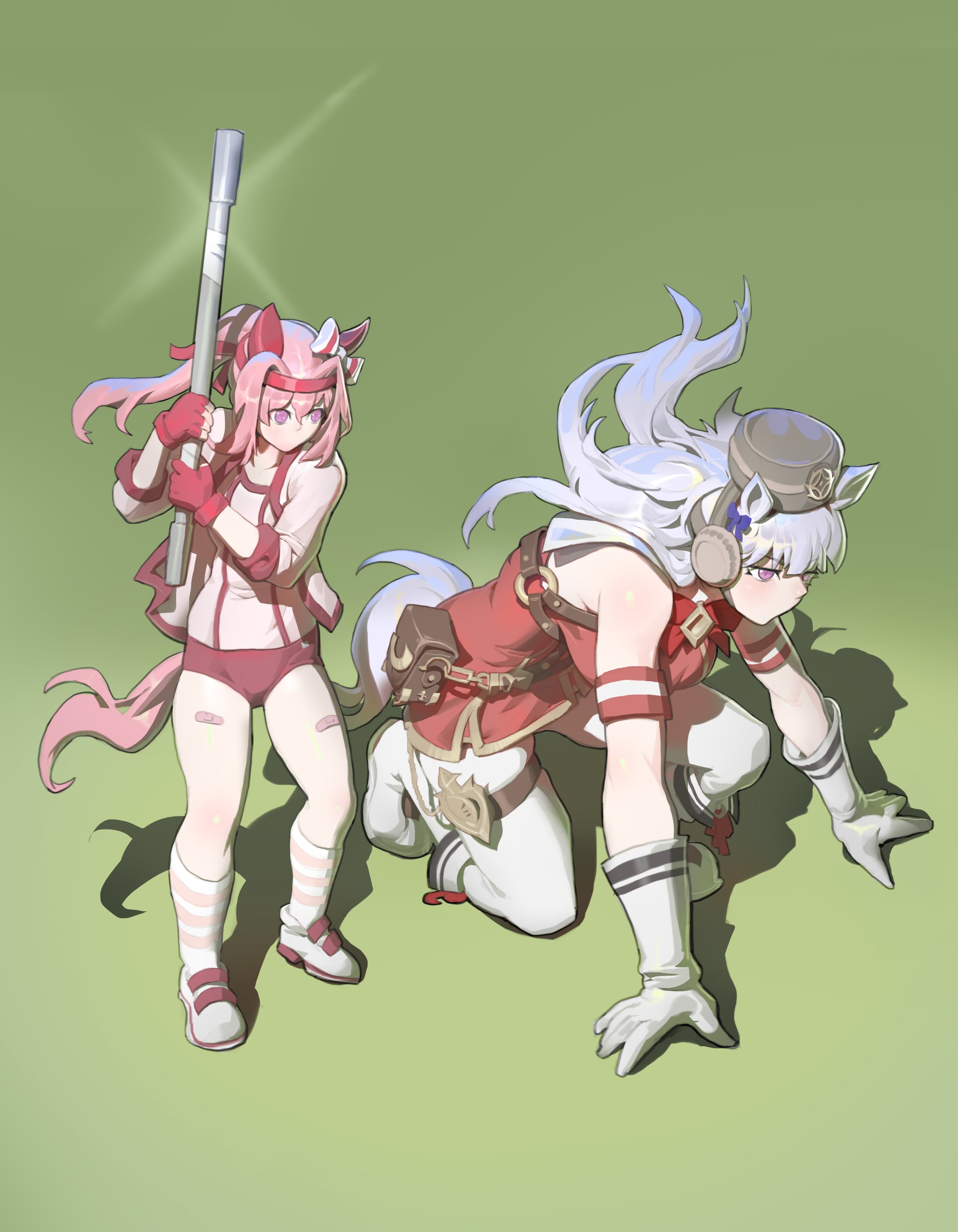 pacpoi, gold ship (umamusume), haru urara (umamusume), umamusume, absurdres, highres, 2girls, animal ears, blunt bangs, boots, breasts, elbow gloves, fingerless gloves, gloves, gradient background, green background, grey hair, horse ears, horse girl, horse tail, jacket, large breasts, leaning forward, long hair, long sleeves, looking at another, multiple girls, no mouth, pantyhose, pink eyes, pink hair, red gloves, shoes, simple background, tail, track jacket, white boots, white gloves, white jacket, white pantyhose, white shoes