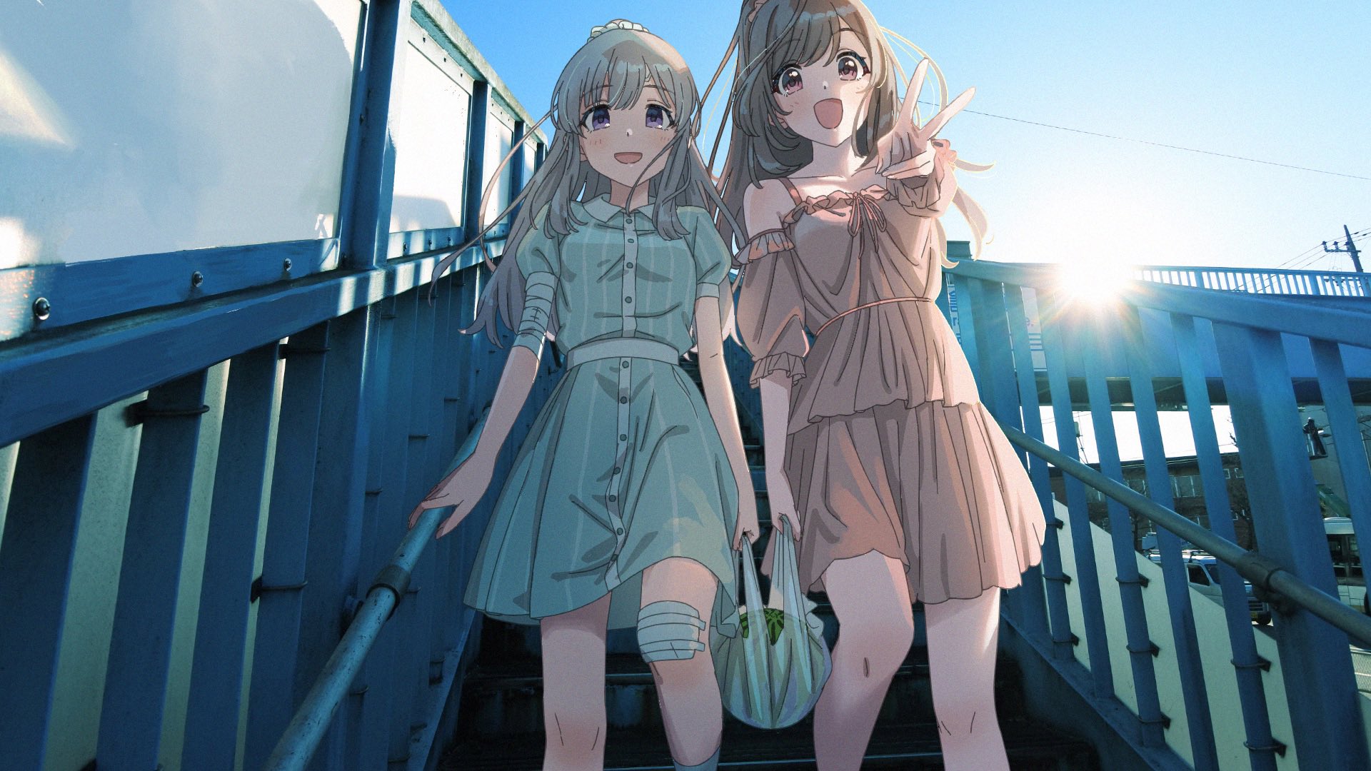 drills, takada (pixiv 97599311), tsukioka kogane, yukoku kiriko, idolmaster, idolmaster shiny colors, highres, 2girls, :d, arms at sides, bag, bandaged arm, bandages, bandaid, bandaid on face, bandaid on forehead, bandaid on knee, bandaid on leg, bare shoulders, blue dress, breasts, bridge, brown hair, building, bus, car, collarbone, day, detached sleeves, dot nose, dress, eyelashes, food, frilled dress, frilled sleeves, frills, from below, fruit, grey hair, hair ornament, hair scrunchie, hand up, holding, holding bag, large breasts, legs apart, light blush, light smile, long hair, looking at viewer, medium breasts, medium dress, motor vehicle, multiple girls, open mouth, orange dress, outdoors, photo background, pink dress, pink eyes, plastic bag, ponytail, power lines, puffy short sleeves, puffy sleeves, purple eyes, scrunchie, short sleeves, smile, stairs, standing, straight hair, striped clothes, striped dress, sun, sunlight, v, vertical-striped clothes, vertical-striped dress, walking, watermelon, wing collar