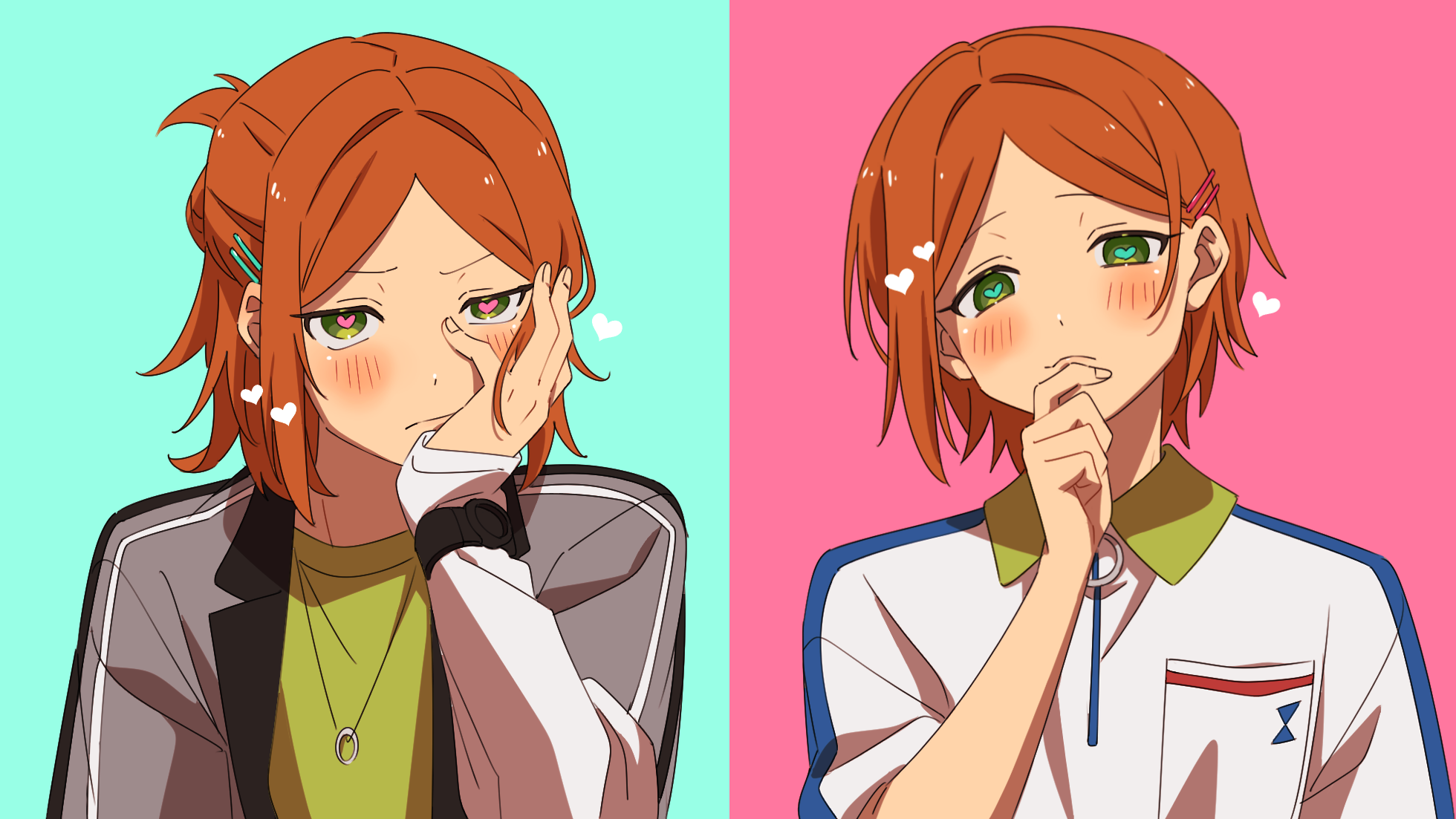 fuurin (sior fr), aoi hinata, aoi yuta, ensemble stars!, highres, 2boys, 2wink (ensemble stars!), aqua background, aqua pupils, blush, brothers, collared shirt, green eyes, hair behind ear, hair ornament, hairclip, half updo, hand on own face, heart, heart-shaped pupils, jewelry, long sleeves, looking at viewer, male focus, multiple boys, necklace, orange hair, parallel hairclips, parted bangs, pink background, pink pupils, shirt, short hair, siblings, simple background, symbol-shaped pupils, twins, two-tone background, upper body