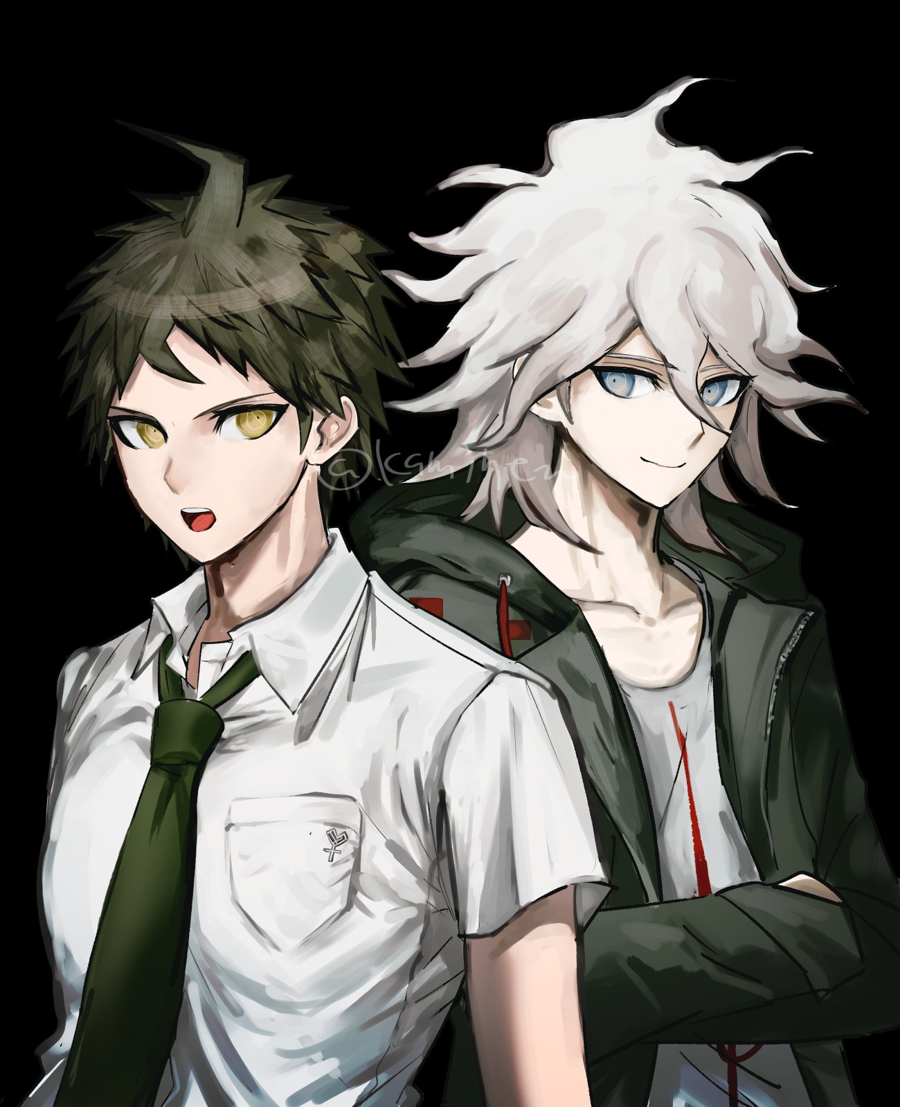 kaminezu, hinata hajime, komaeda nagito, danganronpa (series), danganronpa 2: goodbye despair, highres, 2boys, black background, breast pocket, brown eyes, brown hair, closed mouth, collarbone, collared shirt, crossed arms, green jacket, green necktie, grey hair, grey shirt, hair between eyes, hood, hood down, hooded jacket, jacket, long sleeves, looking at viewer, male focus, messy hair, multiple boys, necktie, open clothes, open jacket, open mouth, pocket, print shirt, shirt, short hair, short sleeves, simple background, smile, teeth, upper body, upper teeth only, white shirt