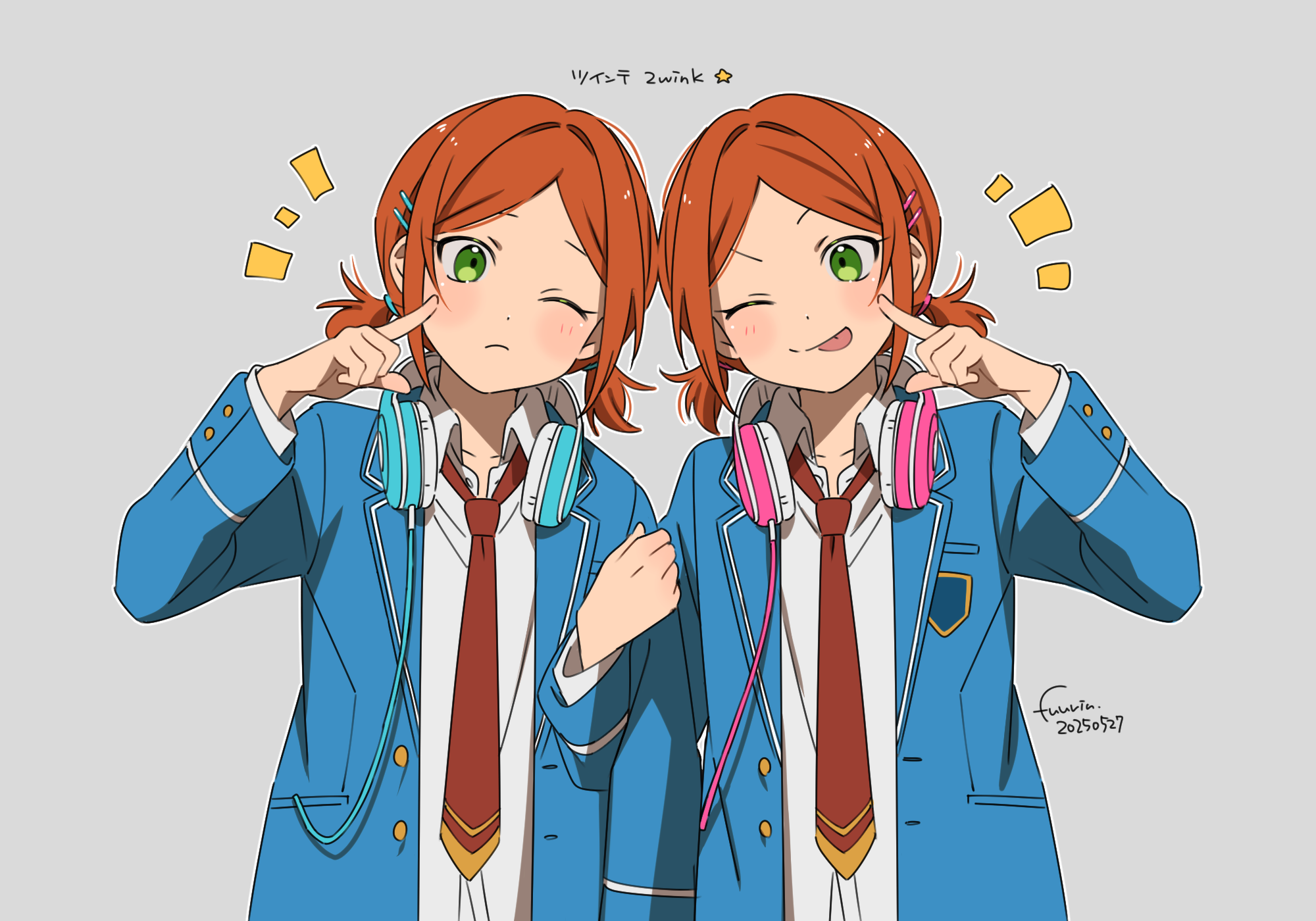 fuurin (sior fr), aoi hinata, aoi yuta, ensemble stars!, highres, 2boys, 2wink (ensemble stars!), ^^^, arm hug, blazer, blue jacket, brothers, collared shirt, green eyes, hair ornament, hairclip, headphones, headphones around neck, index finger raised, jacket, looking at another, low twintails, male focus, multiple boys, necktie, one eye closed, open clothes, open jacket, orange hair, parallel hairclips, parted bangs, red necktie, school uniform, shirt, short hair, short twintails, siblings, simple background, smile, tongue, tongue out, twins, twintails, upper body, white shirt