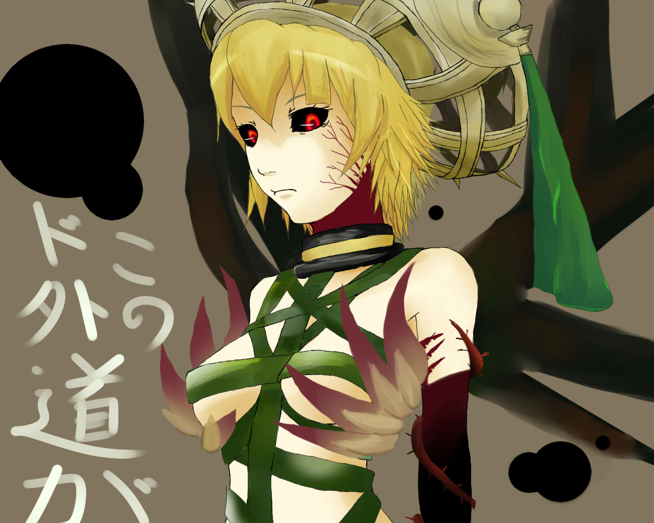 aida, takarida (takarida), atoli, atoli (.hack//), .hack//, .hack//g.u., bandai, cyber connect 2, 00s, 1girl, black sclera, blonde hair, breasts, colored sclera, dark persona, detached sleeves, female focus, hat, medium breasts, naked ribbon, plant, red eyes, ribbon, short hair, solo, underboob, vines