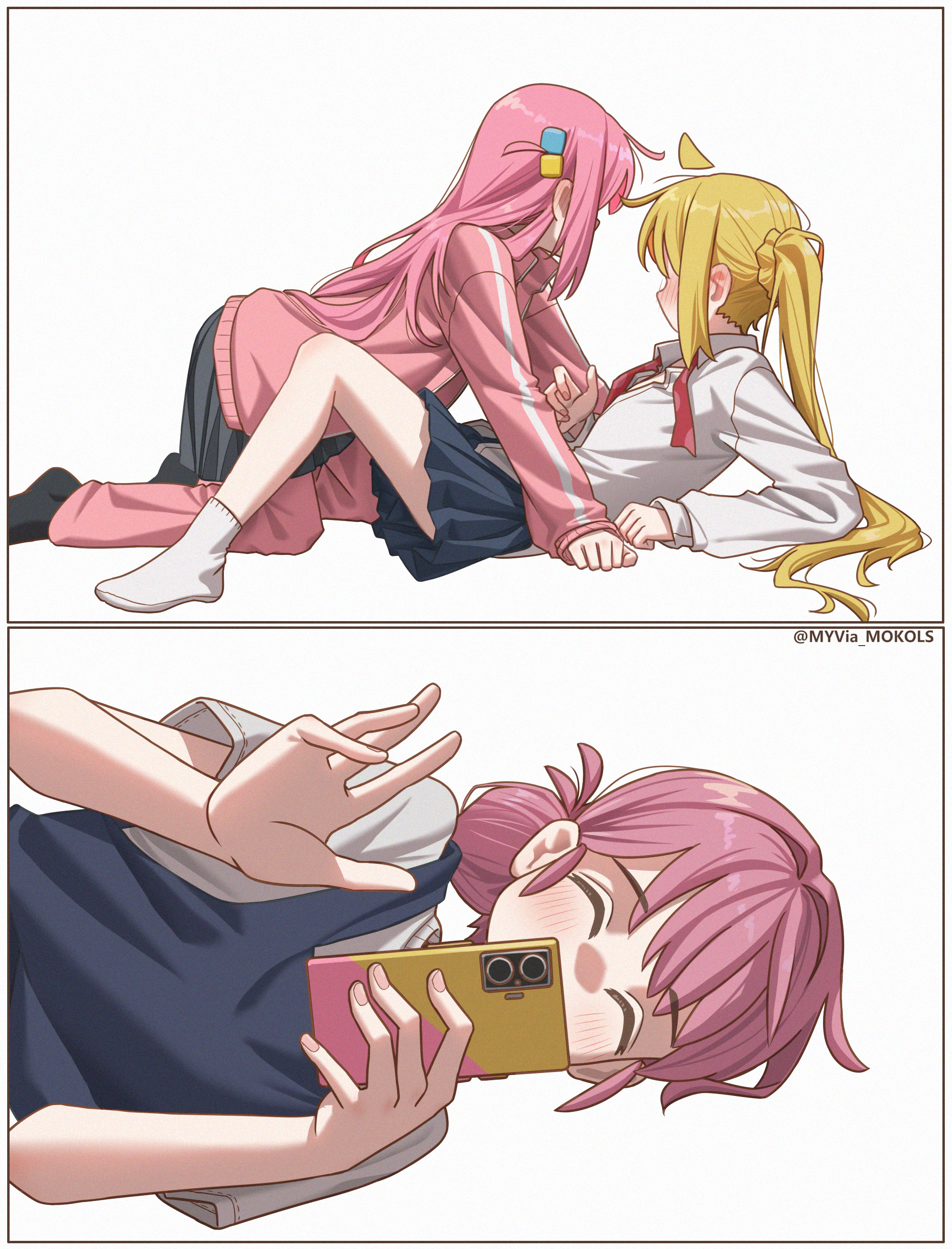 myvia mokols, gotoh hitori, gotoh michiyo, ijichi nijika, bocchi the rock!, absurdres, highres, 3girls, ahoge, black skirt, black socks, blush, caught, cellphone, closed eyes, collared shirt, cube hair ornament, final girl, hair ornament, holding, holding phone, jacket, long hair, long sleeves, mother and daughter, multiple girls, pants, pants under skirt, phone, pink hair, pink jacket, pink pants, pleated skirt, recording, shirt, side ponytail, skirt, smartphone, socks, track jacket, twitter username, waving, white shirt, white socks, yuri