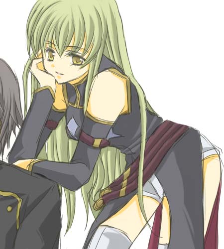 c.c., lelouch vi britannia, code geass, lowres, 00s, 1boy, 1girl, bent over, contrapposto, detached sleeves, green eyes, green hair, hand on own cheek, hand on own face, long hair, long sleeves, school uniform, shorts, simple background, sitting, smile, solo focus, thighhighs, thighs, very long hair, white background, white thighhighs