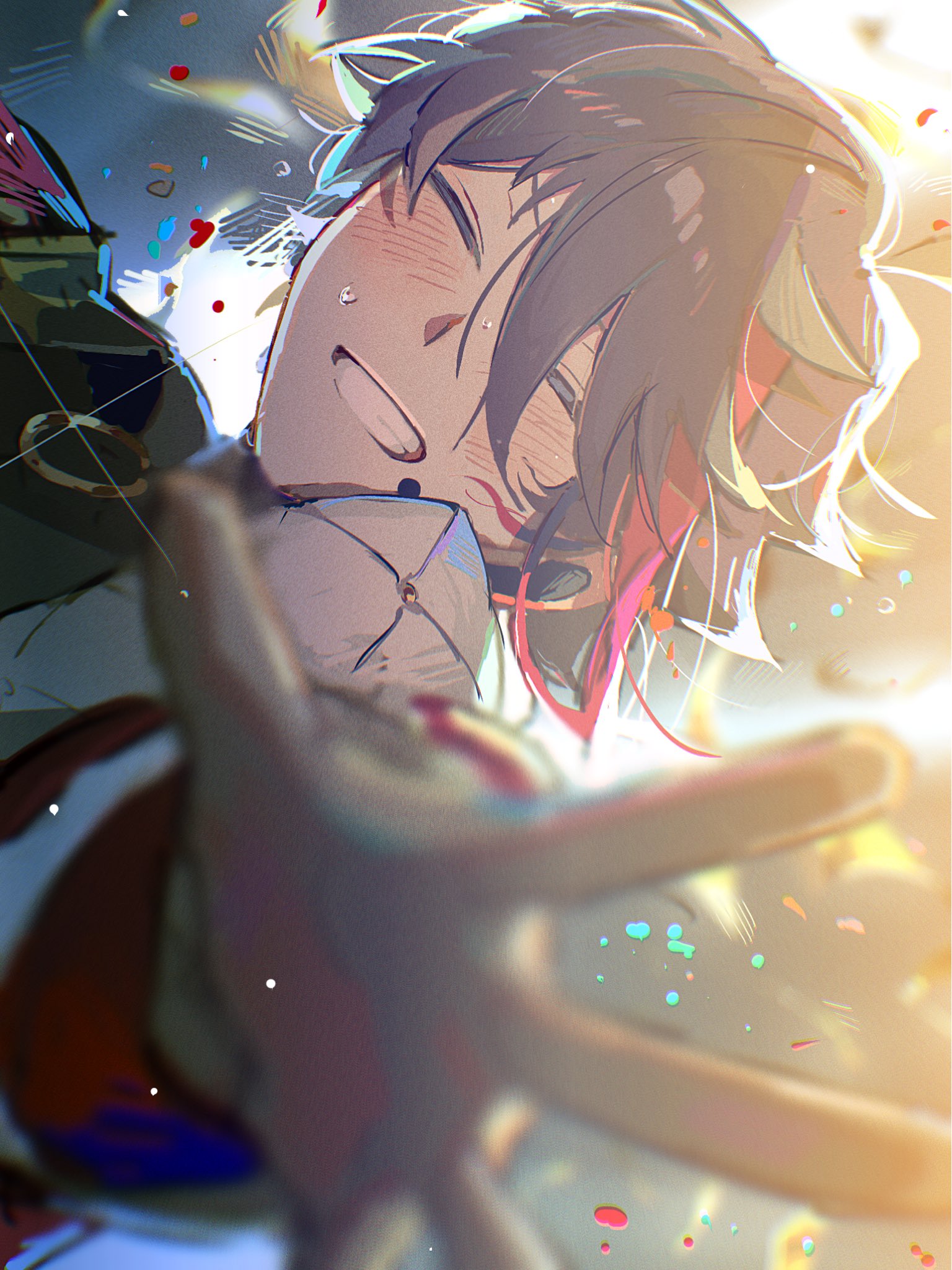 kokeshoku, saegusa akina, saegusa akina (2nd costume), nijisanji, highres, 1boy, blurry, blush, closed eyes, confetti, facing viewer, grin, hair between eyes, jacket, male focus, multicolored hair, reaching, reaching towards viewer, red hair, short hair, smile, solo, streaked hair, teeth, virtual youtuber