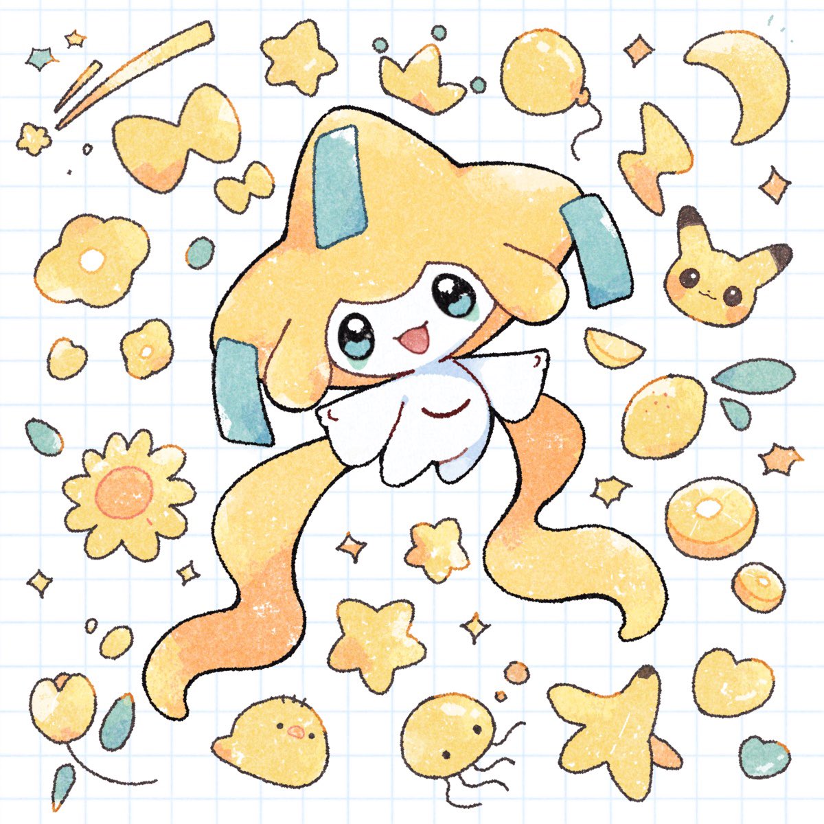 appyon (archangel ayp), jirachi, pikachu, nintendo, pokemon, commentary, highres, symbol-only commentary, aqua eyes, balloon, banana peel, bird, crescent, crown, duck, flower, food, fruit, full body, gen 1 pokemon, gen 3 pokemon, heart, legendary pokemon, lemon, lemon slice, lightning bolt symbol, mythical pokemon, no humans, octopus, open mouth, pokemon (creature), pokemon focus, smile, star (symbol)