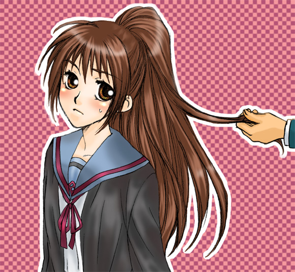 nekochi, kyon, kyonko, suzumiya haruhi no yuuutsu, gender request, 00s, 1girl, blush, brown hair, genderswap, grabbing another's hair, holding another's hair, ponytail, school uniform, serafuku, solo focus