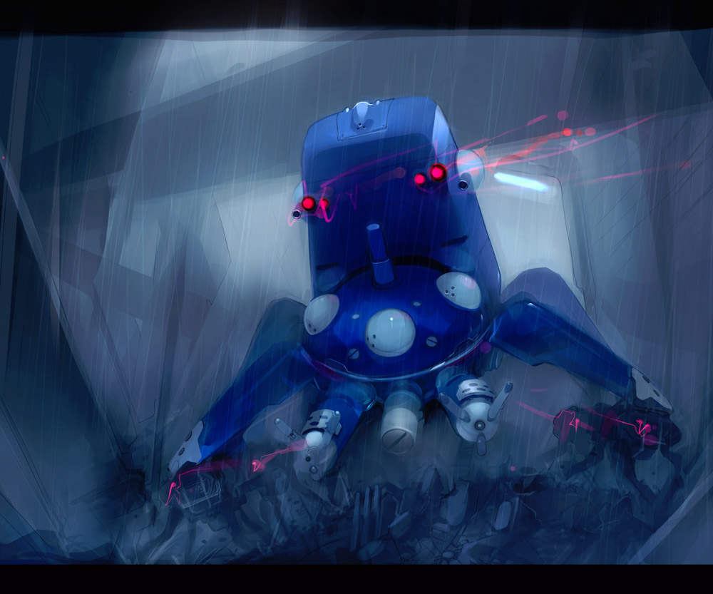 takashima, tachikoma, ghost in the shell, bad id, bad pixiv id, backlighting, building, from below, glowing, indoors, lamp, letterboxed, light rays, machinery, mecha, no humans, rain, red eyes, robot, smoke, water