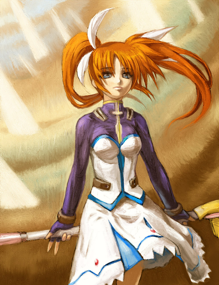 shirogane kihen, raising heart, takamachi nanoha, takamachi nanoha (exceed mode), lyrical nanoha, mahou shoujo lyrical nanoha, mahou shoujo lyrical nanoha strikers, 00s, 1girl, female focus, fingerless gloves, gloves, magazine (weapon), magical girl, no jacket, sky, solo, twintails, white devil