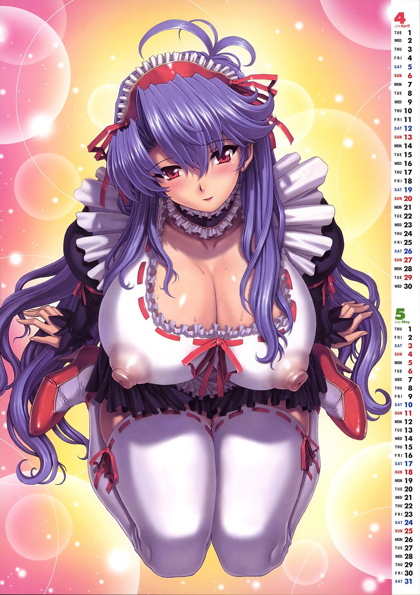 mogudan, comic unreal, highres, 1girl, blue hair, blush, bow, breasts, calendar, choker, cleavage, covered erect nipples, female focus, frills, hair bow, hairband, high heels, huge breasts, kneeling, large breasts, long hair, maid, nipples, puffy nipples, red eyes, ribbon, see-through clothes, shoes, smile, solo, sweat, thighhighs, very long hair, white thighhighs