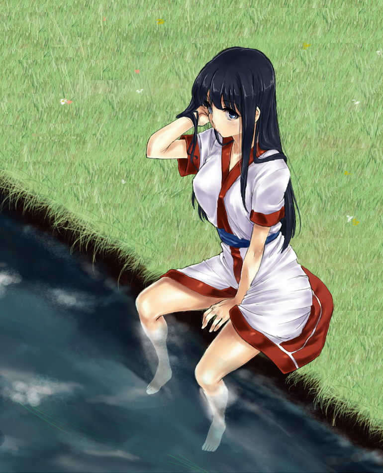 kirisato itsuki, nakoruru, samurai spirits, snk, bad id, bad pixiv id, 1girl, ainu clothes, barefoot, black hair, blue eyes, breasts, feet, female focus, grass, large breasts, long hair, looking at viewer, sitting, soaking feet, solo, thighhighs, water