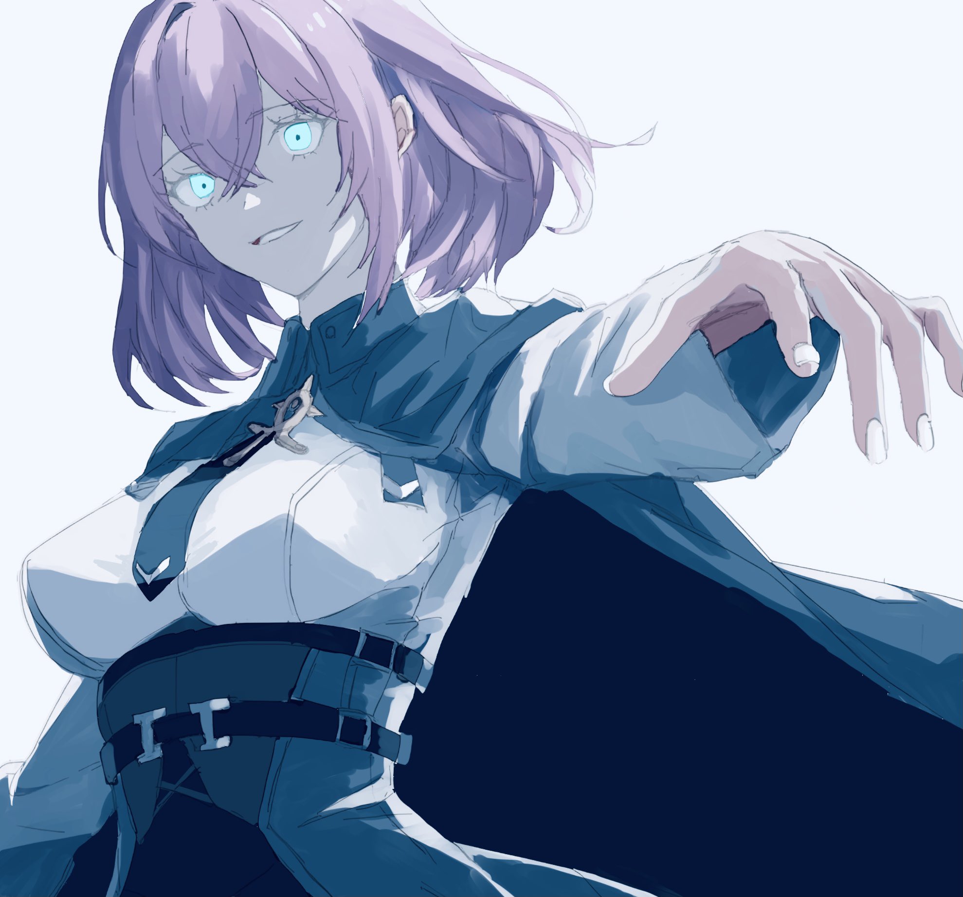 pucchi blanket, punishing: gray raven, character request, highres, 1girl, blue eyes, hair between eyes, long hair, medium hair, open mouth, purple hair, shirt, solo, very long hair, white shirt
