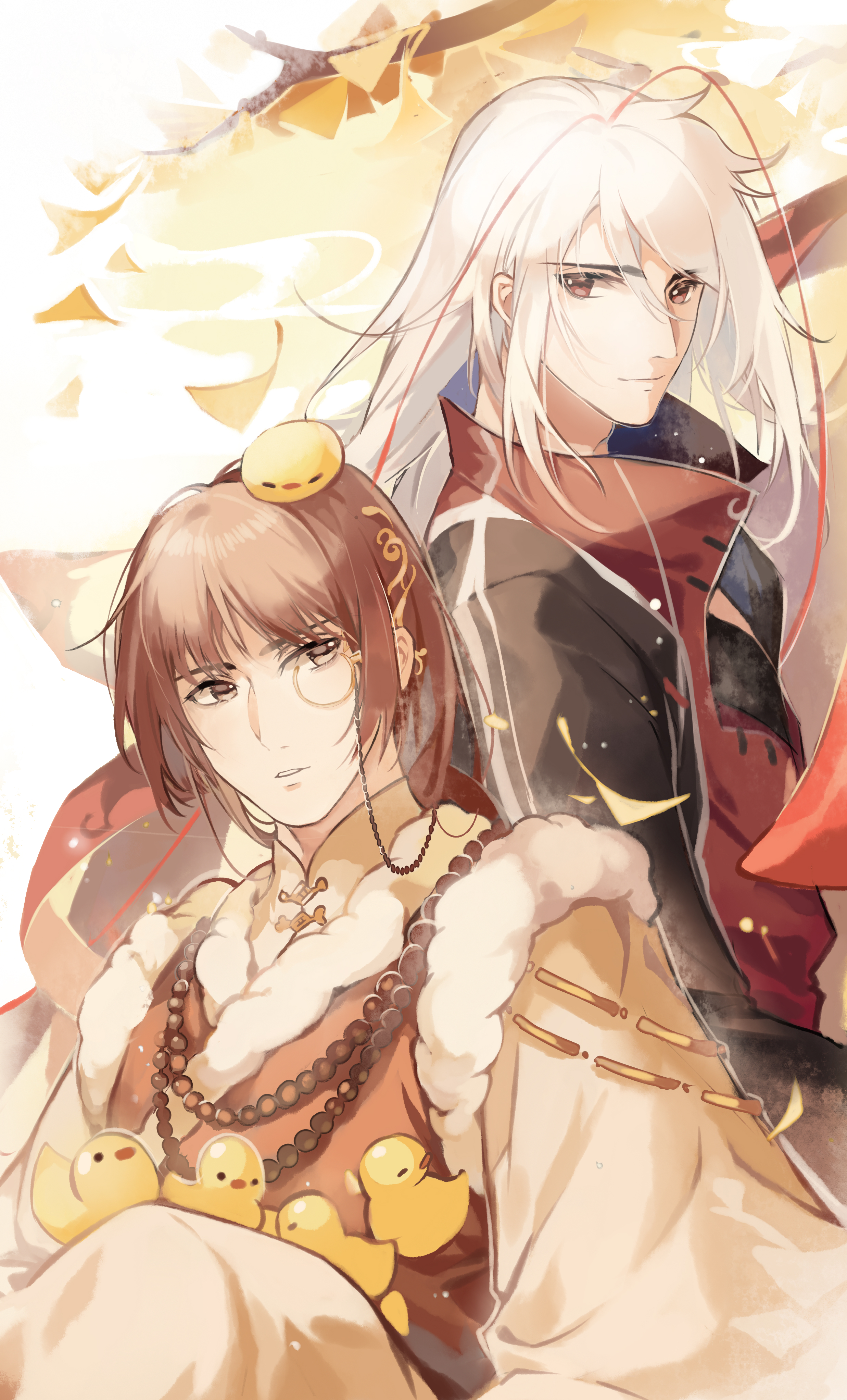zukiyn, food fantasy, absurdres, highres, 2boys, animal, animal on head, animal on lap, antennae, bead necklace, beads, bird, bird on head, black shirt, black sleeves, boston lobster (food fantasy), branch, brown eyes, brown hair, brown vest, chinese clothes, choppy bangs, duck, falling leaves, feet out of frame, fur-trimmed vest, fur trim, ginkgo leaf, hair ornament, jacket, jewelry, knee up, leaf, long hair, long sleeves, looking at another, looking at viewer, looking to the side, low ponytail, male focus, medium hair, monocle, multiple boys, necklace, on head, on lap, parted lips, partially unzipped, peking duck (food fantasy), ponytail, red eyes, red jacket, robe, shirt, sideways glance, swept bangs, upper body, vest, white background, white hair, yellow robe