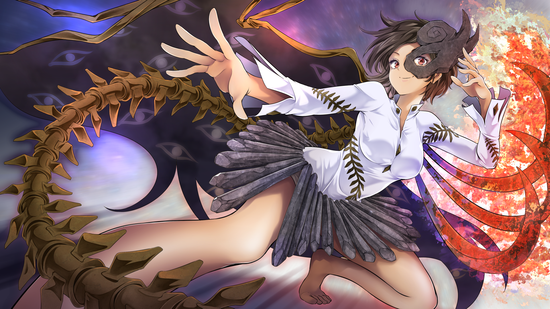 arkatopia, iwanaga ariya, fossilized wonders, touhou, highres, 1girl, asymmetrical wings, barefoot, black hair, black skirt, foot out of frame, half mask, long sleeves, mask, on one knee, red eyes, shirt, short hair, skeletal wings, skirt, smile, solo, white shirt, wings