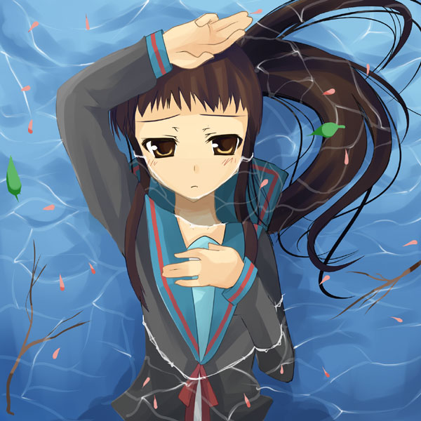 aputomu77, kyon, kyonko, suzumiya haruhi no yuuutsu, gender request, 00s, 1girl, brown hair, female focus, genderswap, ponytail, school uniform, serafuku, solo, water