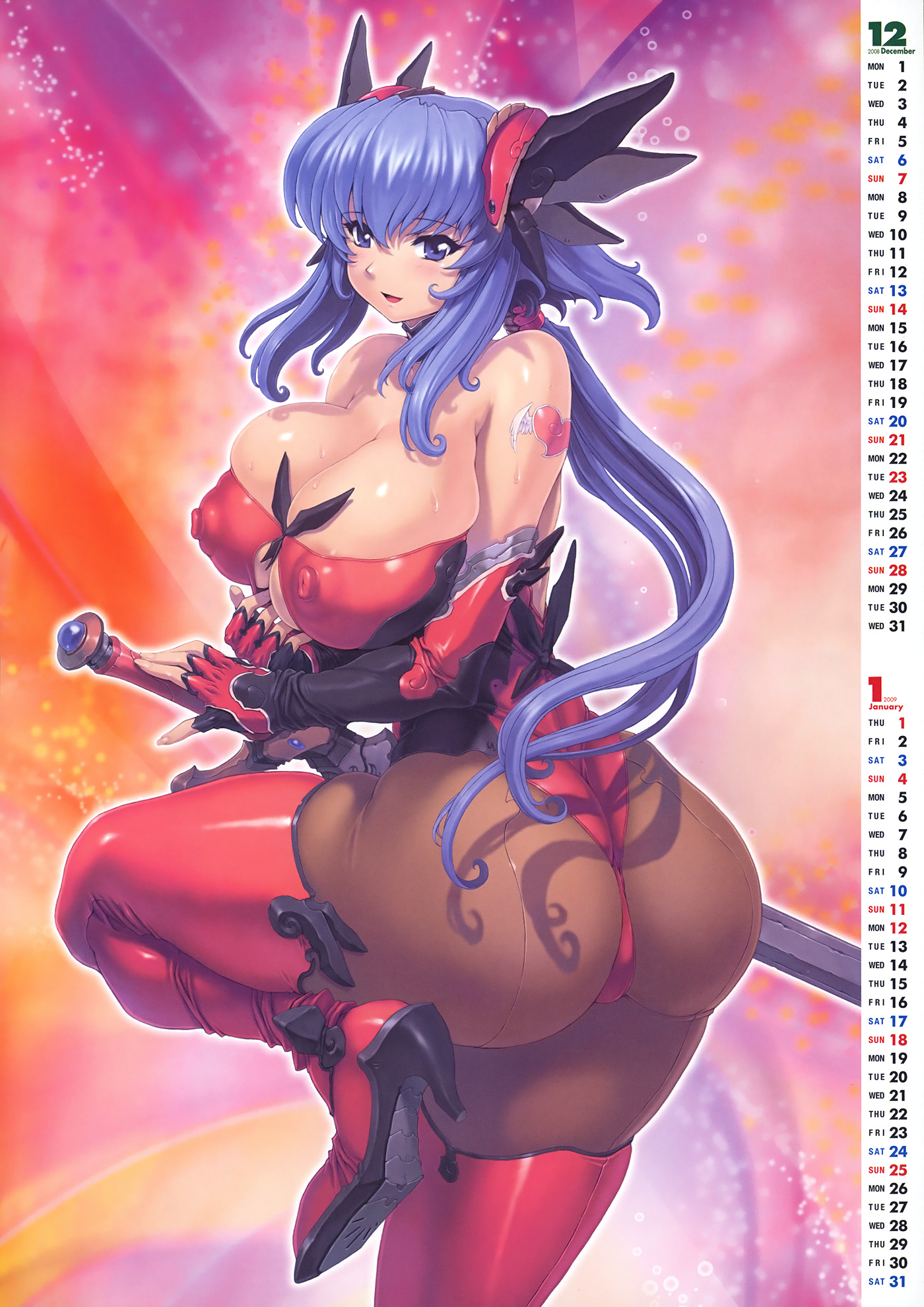 mogudan, comic unreal, highres, 1girl, arm tattoo, ass, blue eyes, blue hair, boots, breasts, cleavage, covered erect nipples, cowboy shot, female focus, holding, holding sword, holding weapon, huge breasts, large breasts, matching hair/eyes, pantyhose, puffy nipples, skindentation, solo, sword, tattoo, thigh boots, thighhighs, weapon