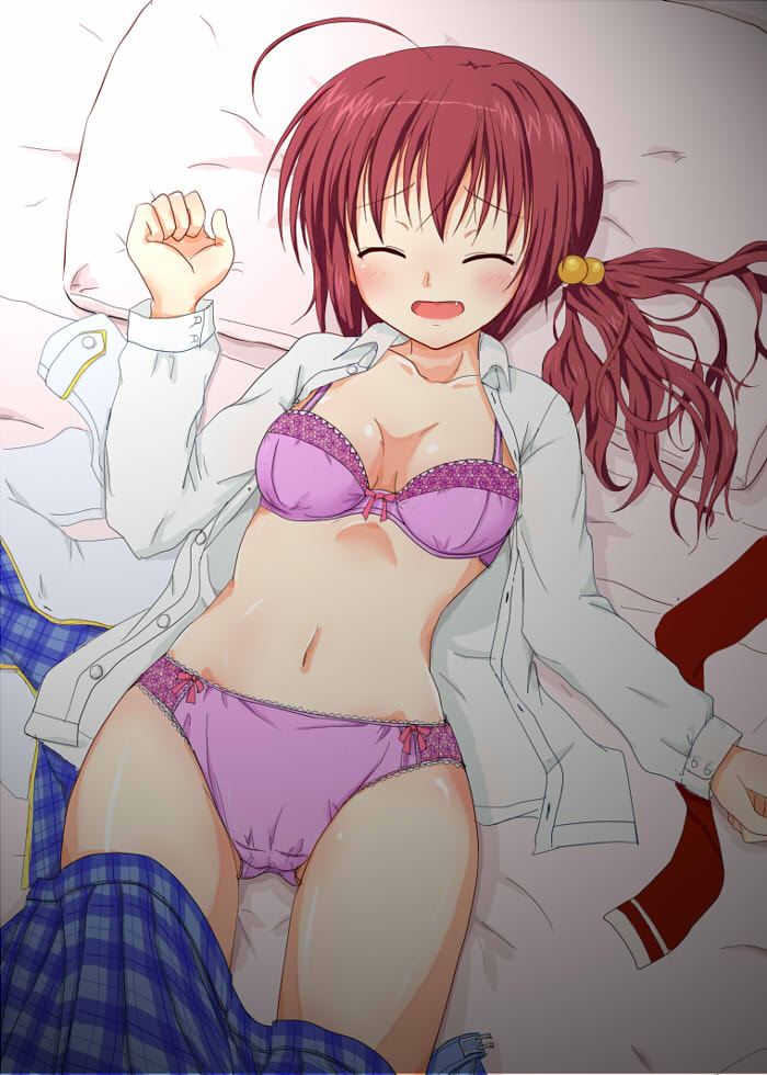 karukan (karukann), sanjou makoto, noble works, commentary request, 1girl, :d, ^ ^, ahoge, blue skirt, blush, bow, bow bra, bow panties, bra, breasts, breasts apart, clenched hand, closed eyes, clothes pull, collared shirt, cowboy shot, facing viewer, fang, furrowed brow, gluteal fold, hair bobbles, hair ornament, hair spread out, hand up, head on pillow, long hair, long sleeves, lying, medium breasts, navel, on back, on bed, one side up, open clothes, open mouth, open shirt, panties, pillow, pink bra, pink panties, plaid clothes, plaid skirt, red bow, red hair, school uniform, shirt, skirt, skirt pull, smile, solo, stomach, thighs, underwear, white shirt