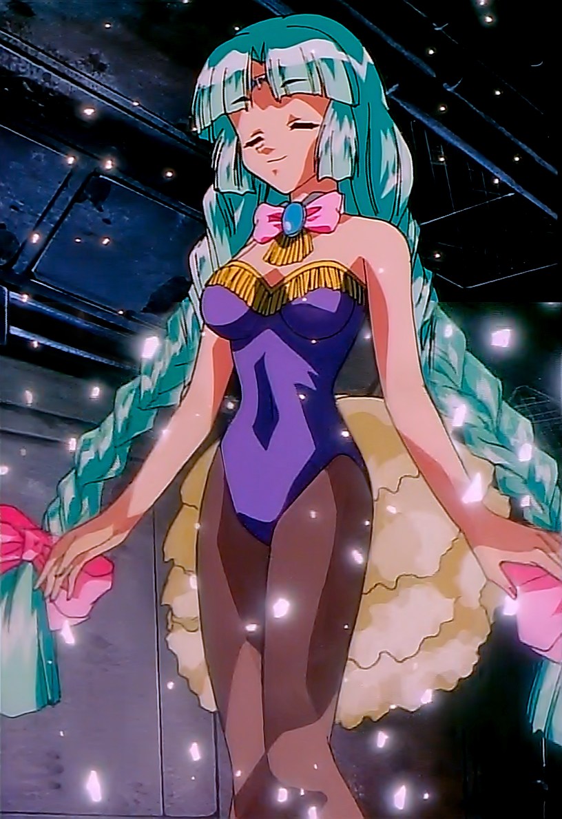 canal vorfeed, lost universe, anime screenshot, stitched, third-party edit, 1990s (style), 1girl, aqua hair, bare arms, bare shoulders, bow, braid, brown pantyhose, closed eyes, covered navel, female focus, frills, hair bow, leotard, navel, pantyhose, pink bow, playboy bunny, retro artstyle, ribbon, solo, twin braids