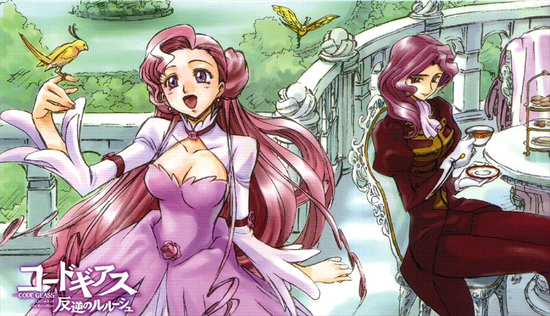 cornelia li britannia, euphemia li britannia, code geass, uniform, 00s, 2girls, bird, bird on hand, dress, drink, flower, gown, long hair, multiple girls, pink hair, princess, purple eyes, purple hair