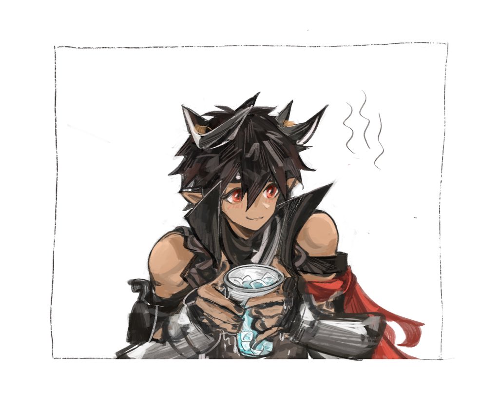 odda (arknights), arknights, 1boy, arm belt, armband, black gloves, black hair, black headband, black nails, black vest, cup, dark-skinned male, dark skin, demon boy, demon horns, ear piercing, fingerless gloves, gauntlets, gloves, headband, holding, holding cup, horns, male focus, open clothes, open vest, piercing, pointy ears, red armband, red eyes, sleeveless, sleeveless vest, toned, toned male, upper body, vest
