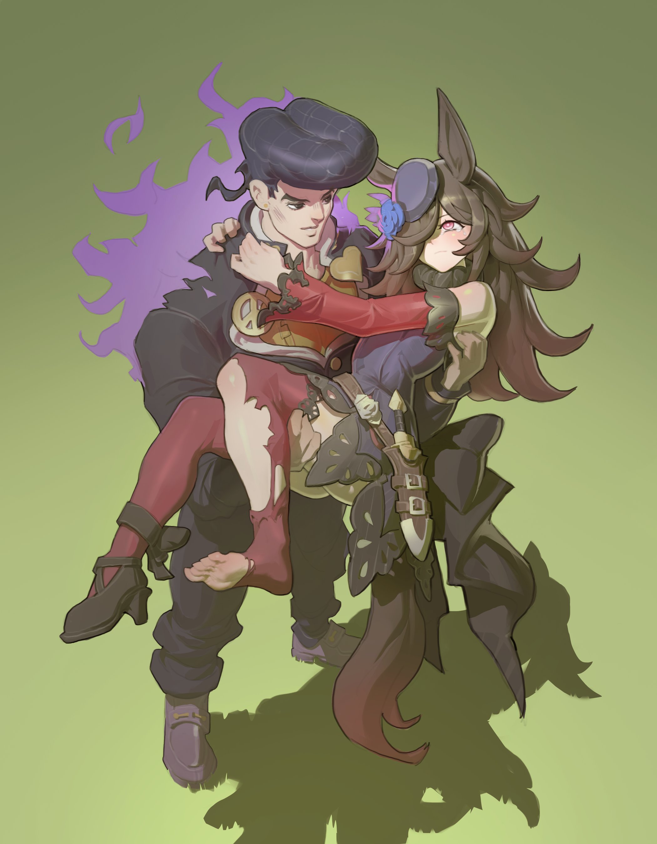 pacpoi, higashikata josuke, rice shower (umamusume), diamond wa kudakenai, jojo no kimyou na bouken, umamusume, absurdres, highres, 1boy, 1girl, animal ears, black eyes, black hair, black shoes, blush, brown hair, carrying, closed mouth, crossover, gradient background, green background, hair over one eye, high heels, horse ears, horse girl, horse tail, long hair, looking at another, pink eyes, pompadour, princess carry, shoes, short hair, simple background, single shoe, tail