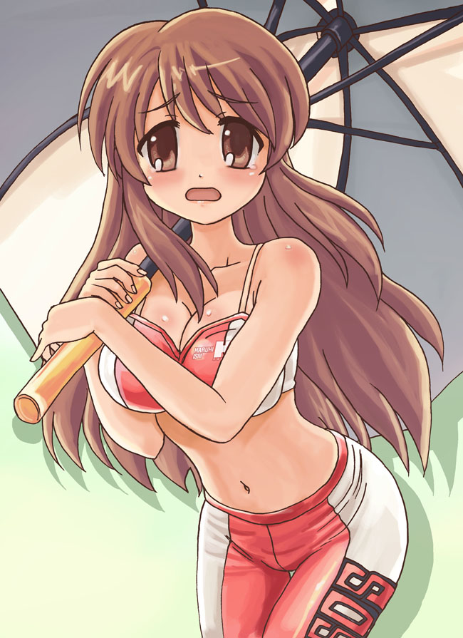 hamoto, asahina mikuru, suzumiya haruhi no yuuutsu, bad id, bad pixiv id, 00s, 1girl, breasts, cleavage, female focus, large breasts, long hair, midriff, race queen, solo, umbrella