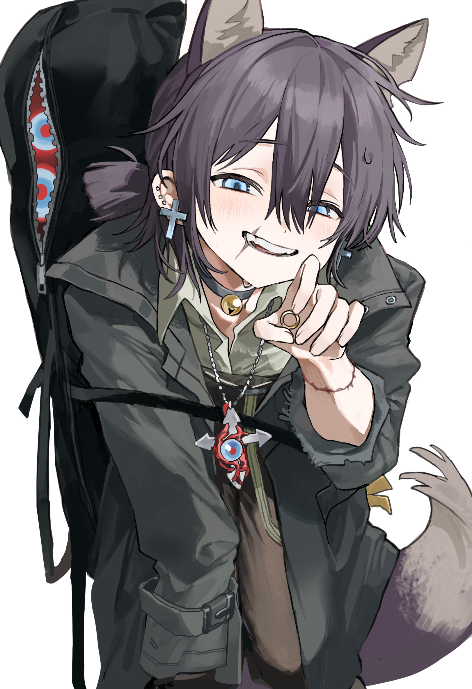 seeshin see, original, gender request, highres, 1other, androgynous, animal ears, backpack, bag, bell, black pants, blue eyes, choker, coat, cowboy shot, cross, cross earrings, disembodied eye, dog ears, dog tail, double-parted bangs, earrings, extra ears, fangs, green shirt, grey choker, grey coat, grey hair, hair between eyes, hair bun, half-closed eyes, hand rest, hand up, holding, holding jewelry, holding ring, jewelry, jingle bell, knee up, lapels, leaning forward, leg support, light blush, long sleeves, looking at viewer, neck bell, necklace, notched ear, open clothes, open coat, other focus, pants, pendant, raised eyebrows, ring, scar, scar on arm, scar on face, scar on mouth, shirt, simple background, single side bun, smile, solo, sweatdrop, tail, teeth, upper teeth only, white background